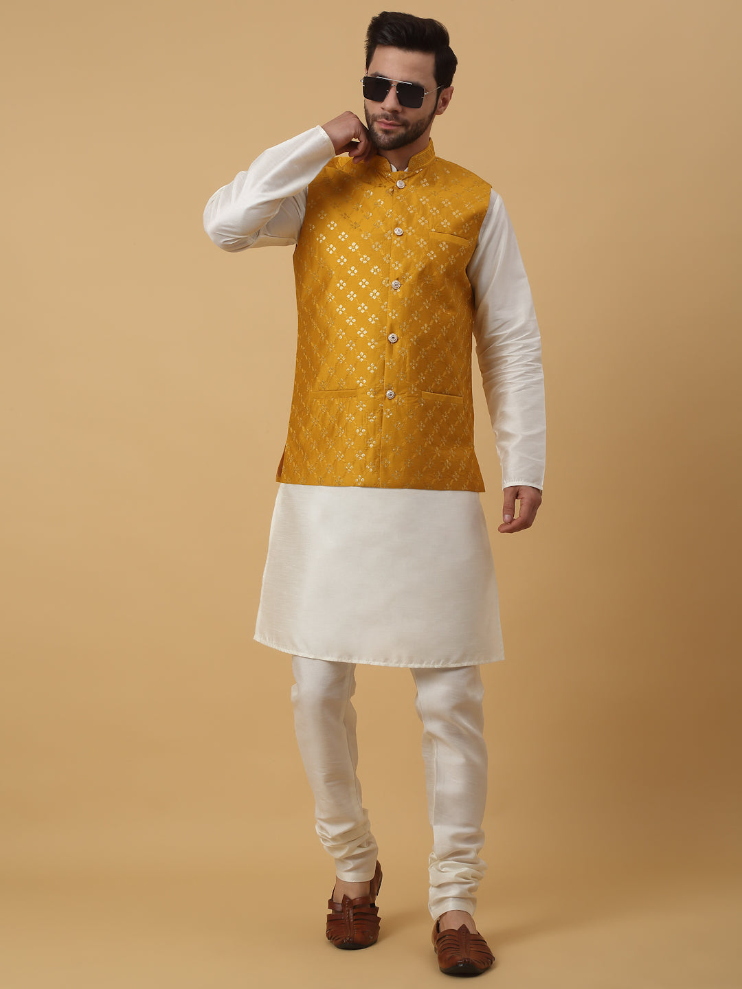KRAFT INDIA Men's Silk Blend Cream Kurta, Churidar with Cotton Silk Embroided Sequenced Nehru Jacket Set