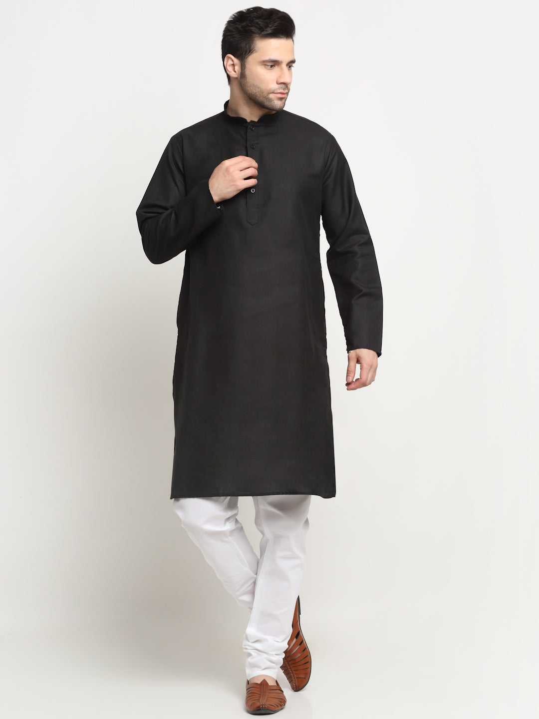 KRAFT INDIA Men's Cotton Solid Black Kurta Churidar with Twill Nehru Jacket Set