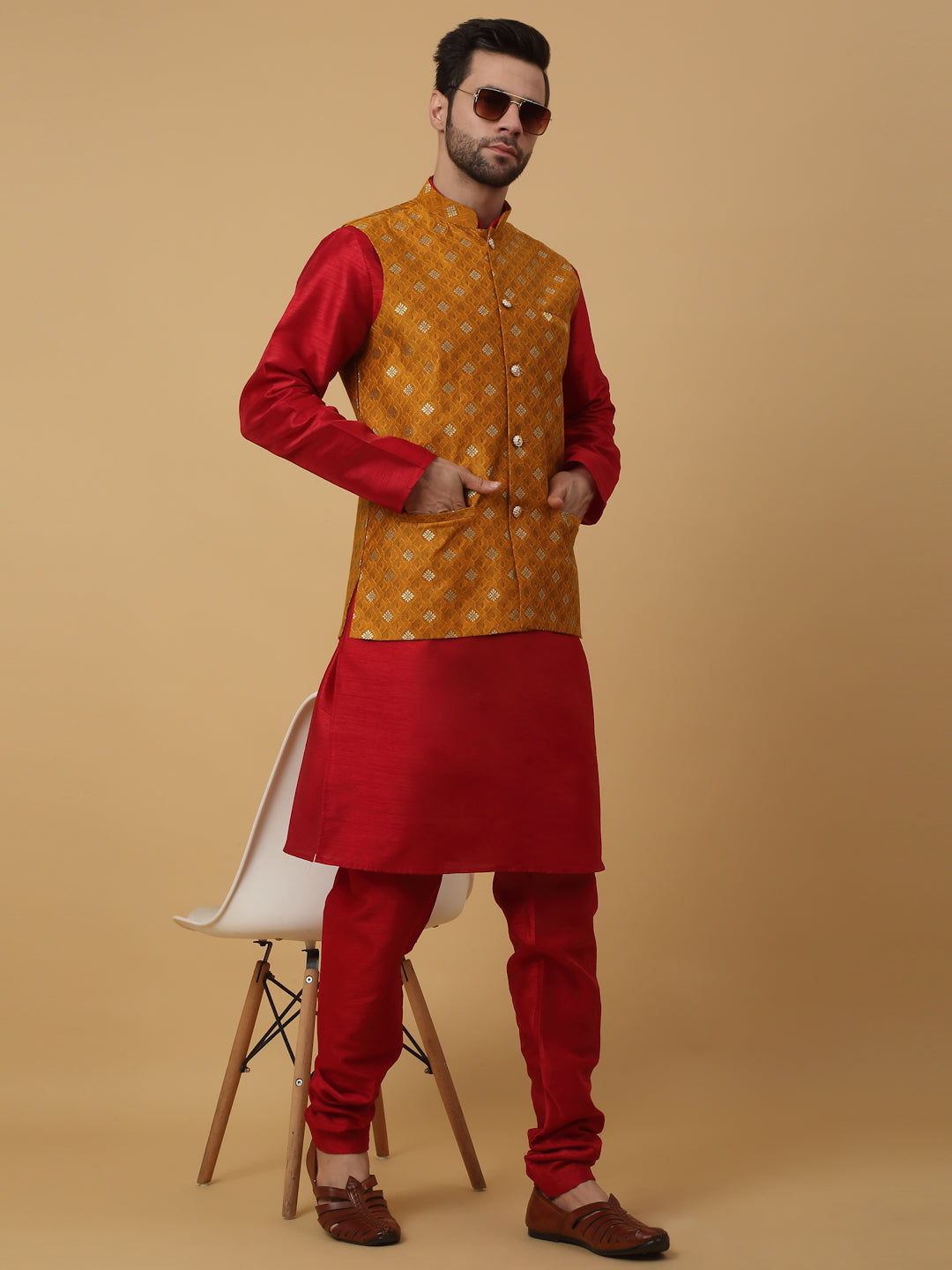 KRAFT INDIA Men's Silk Blend Maroon Kurta, Churidar with Jacquard Silk Blend Floral Print Nehru Jacket Set
