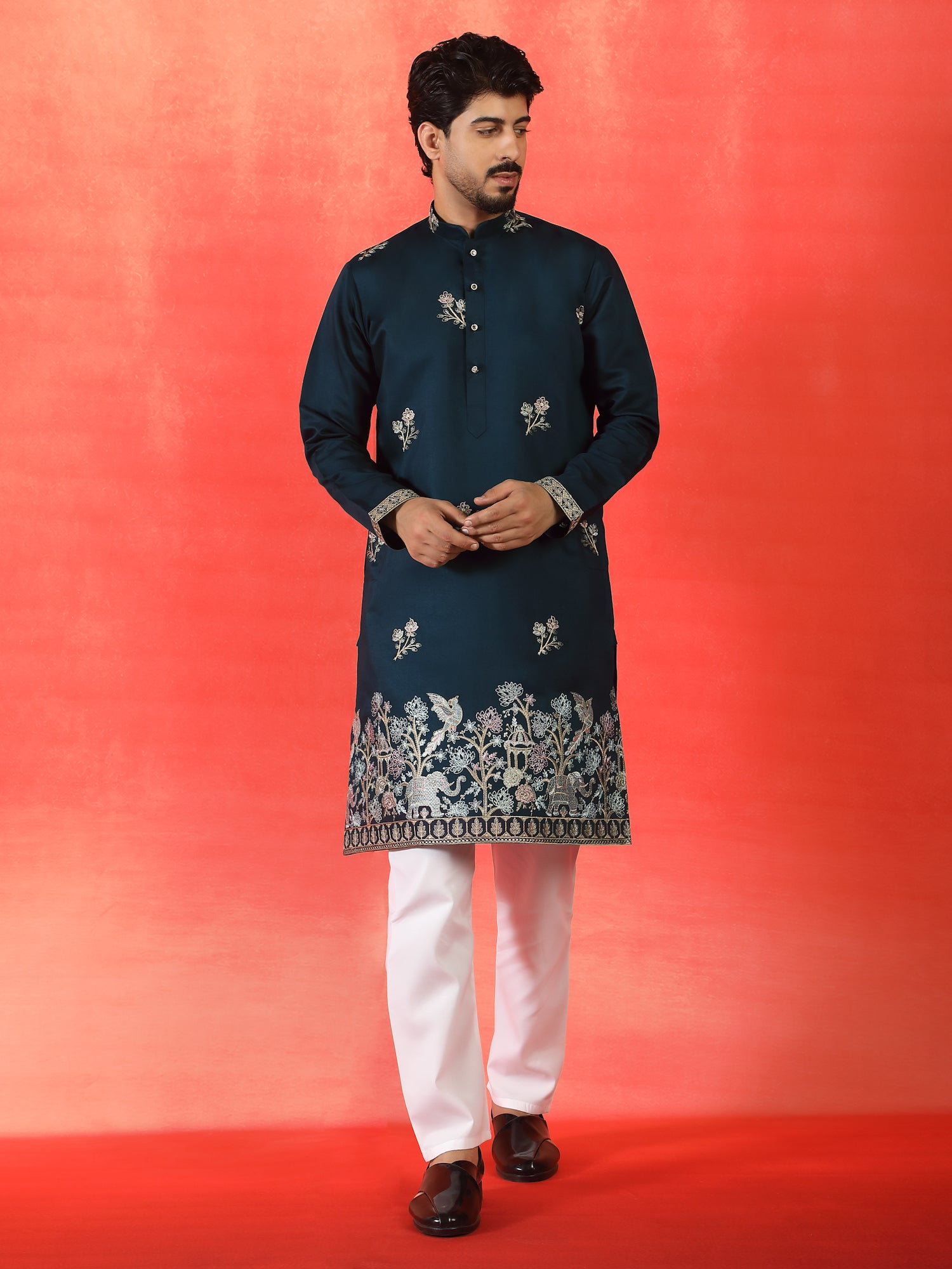 Men Embroidered Floral Designed Daman Work Cotton Silk Straight Long Kurta