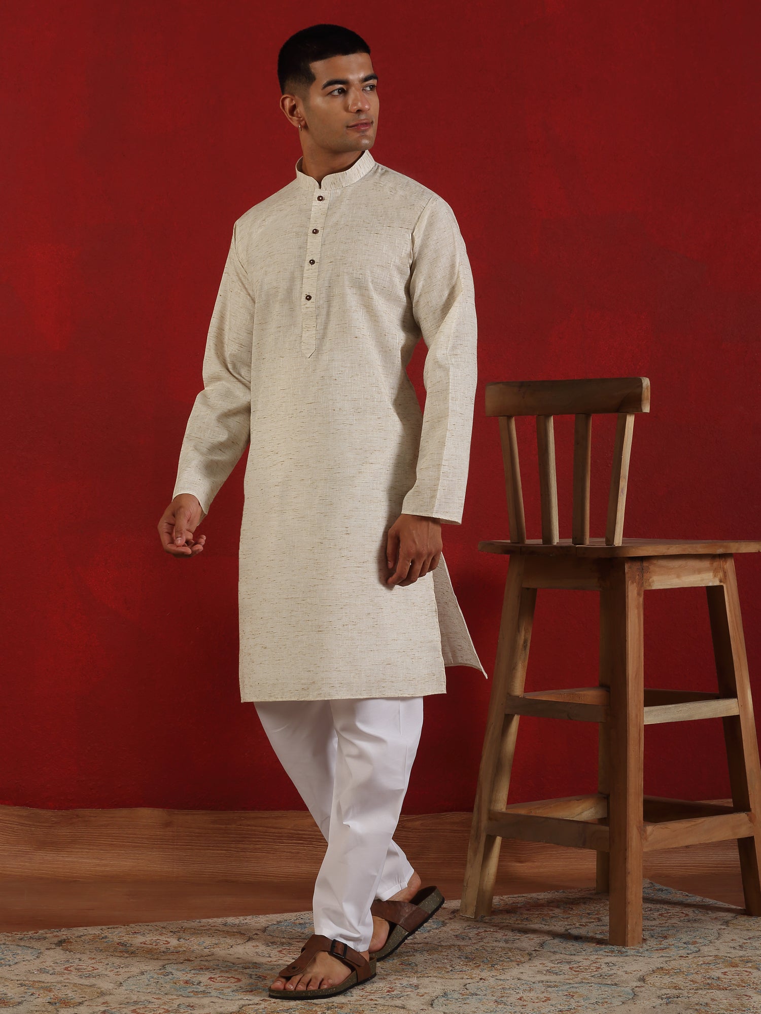 Men Textured Khadi Cotton Long Kurta & Pyjama Set