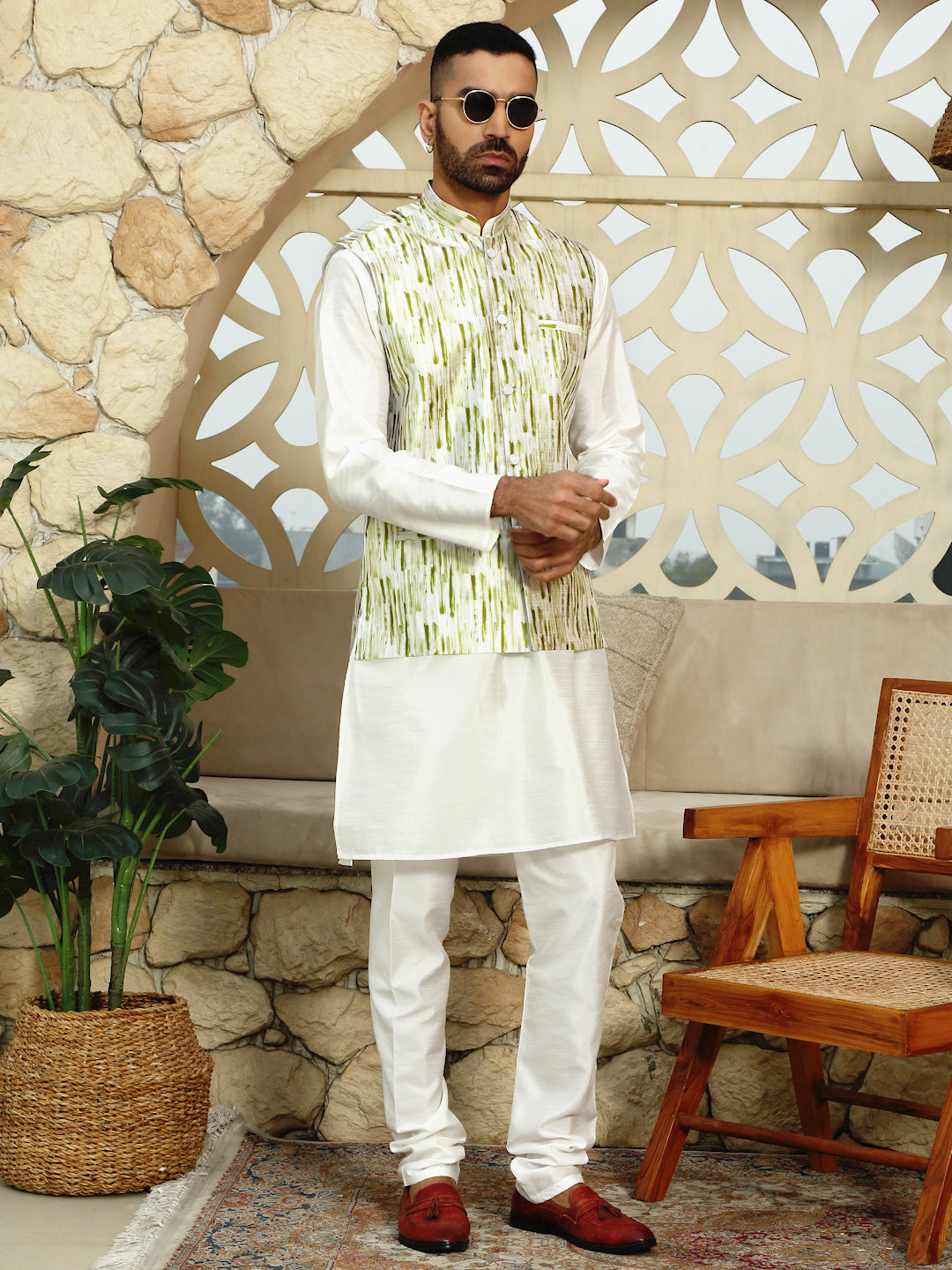 Silk Blend Solid Cream Kurta Churidar With Sleeveless tie-dye Nehru Jacket set
