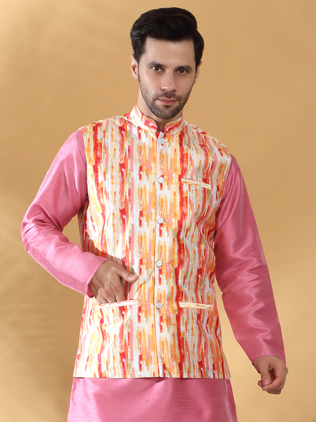 Silk Blend Printed Tie-Dye Sleeveless Nehru Jacket