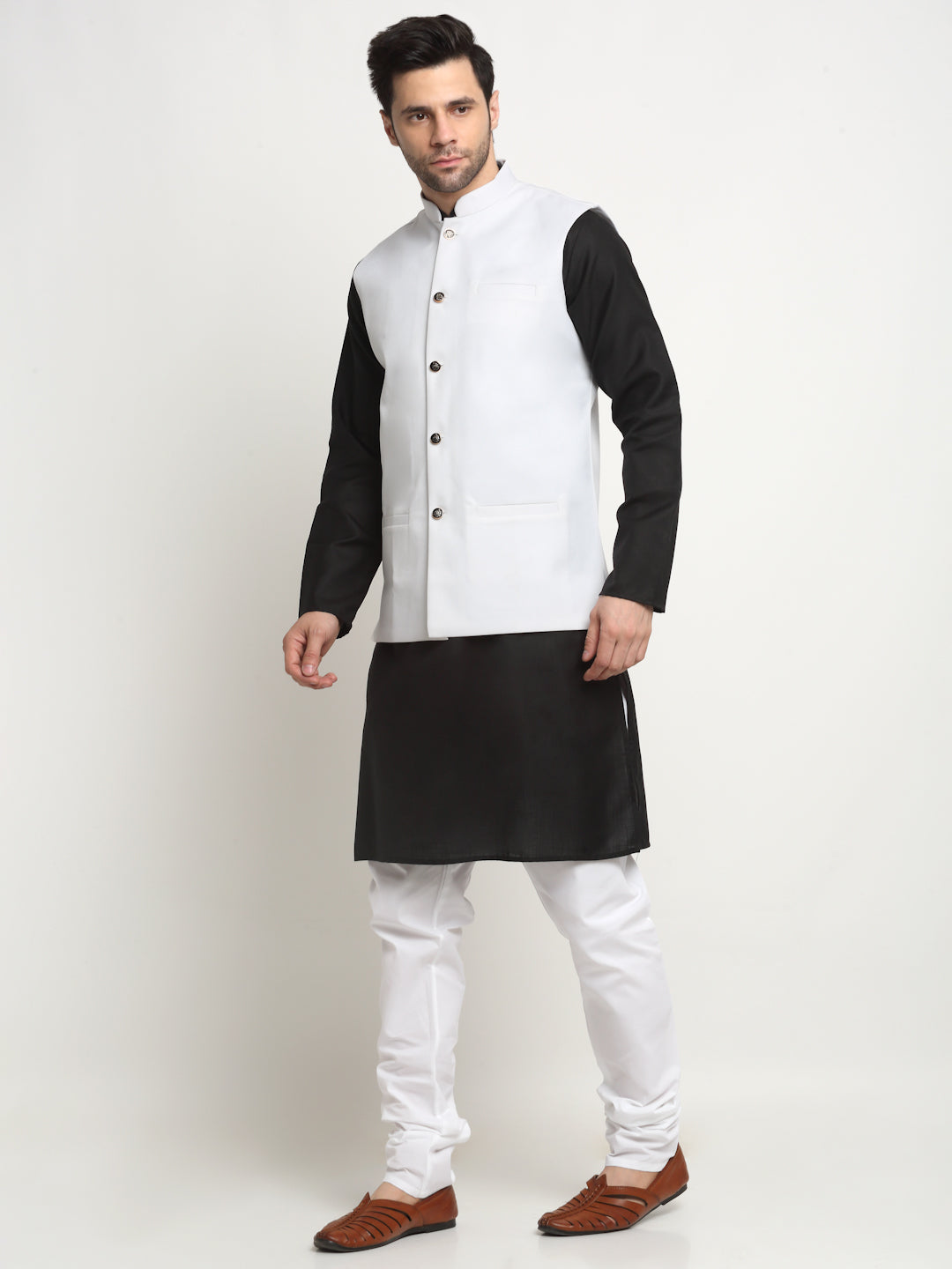 KRAFT INDIA Men's Cotton Solid Black Kurta Churidar with Twill Nehru Jacket Set