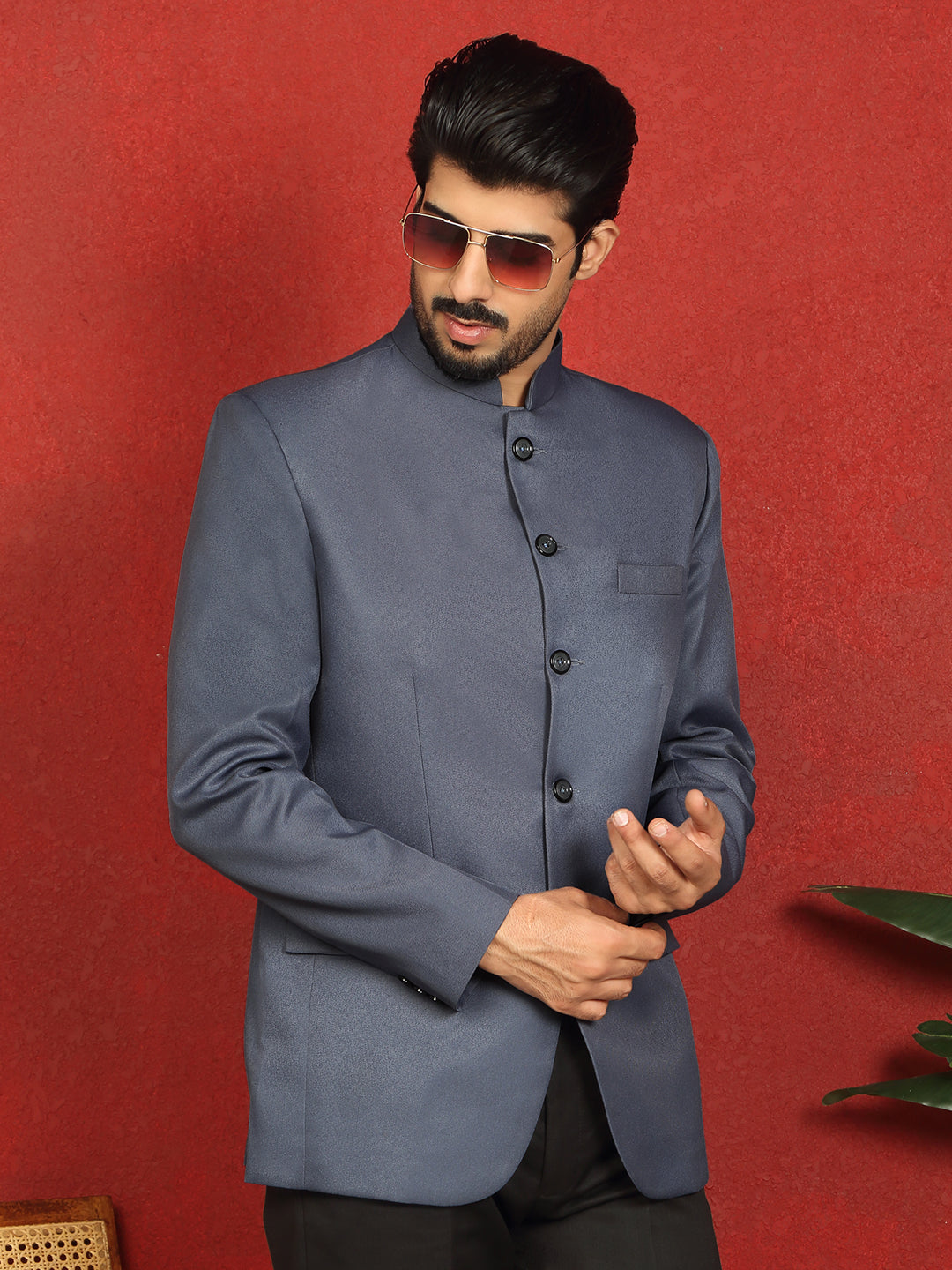 Men’s Solid Twill Bandhgala Coat with Mandarin Collar & Double Vent