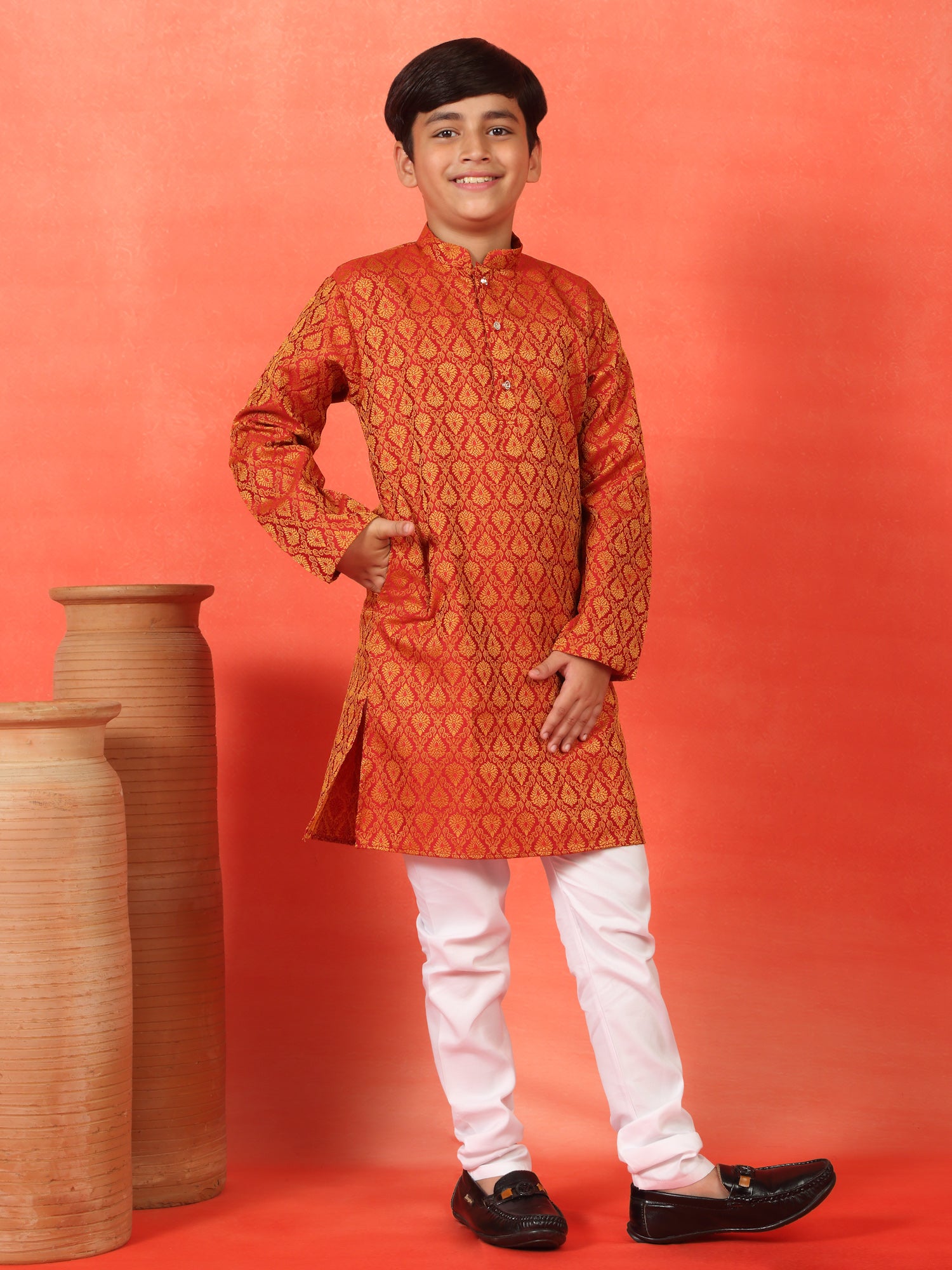 Kid's Premium Jacquard Paisley Design Long Kurta Pyjama Set