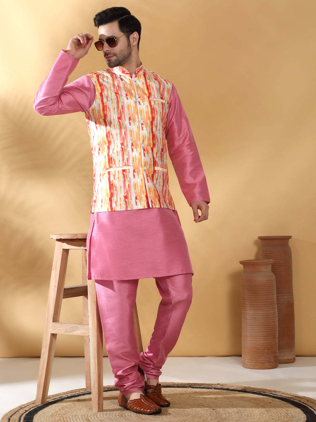 Silk Blend Solid Pink Kurta Churidar With Sleeveless tie-dye Nehru Jacket set