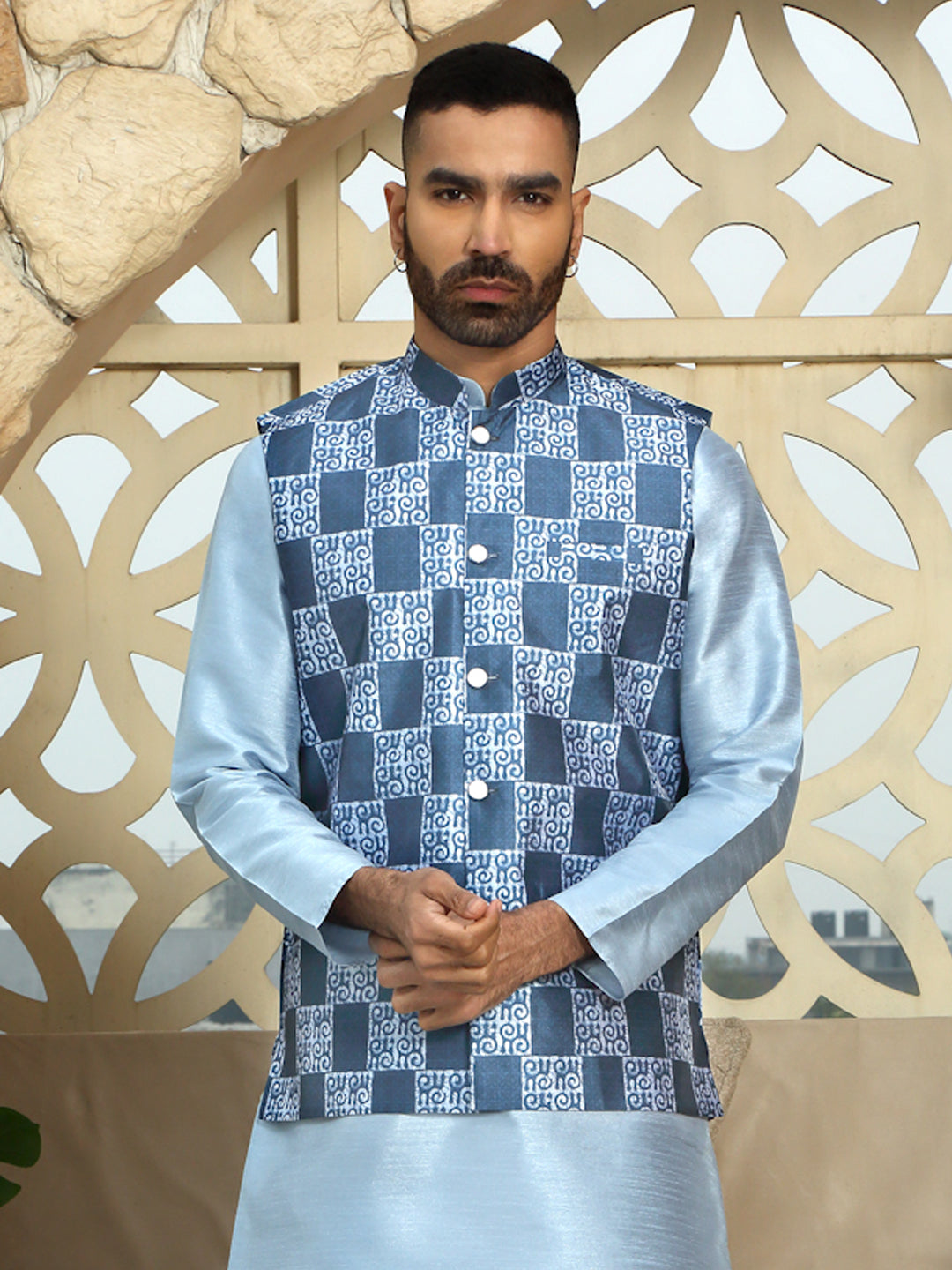 Silk Blend Batik Print Sleeveless Nehru Jacket