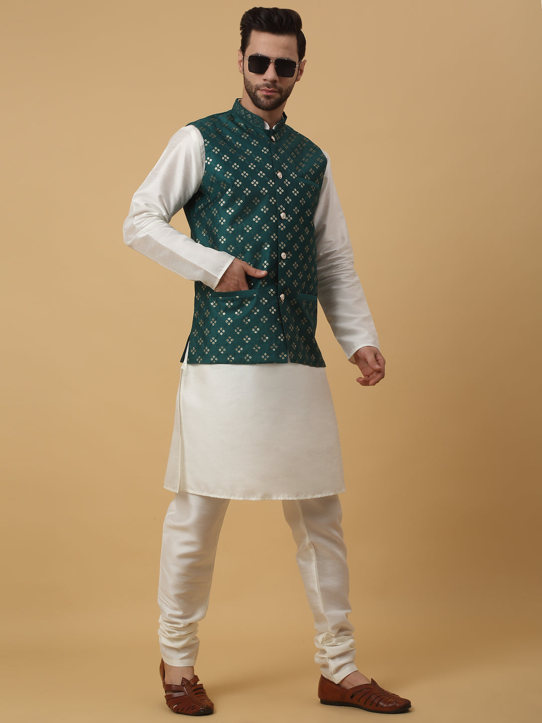 KRAFT INDIA Men's Silk Blend Cream Kurta, Churidar with Cotton Silk Embroided Sequenced Nehru Jacket Set