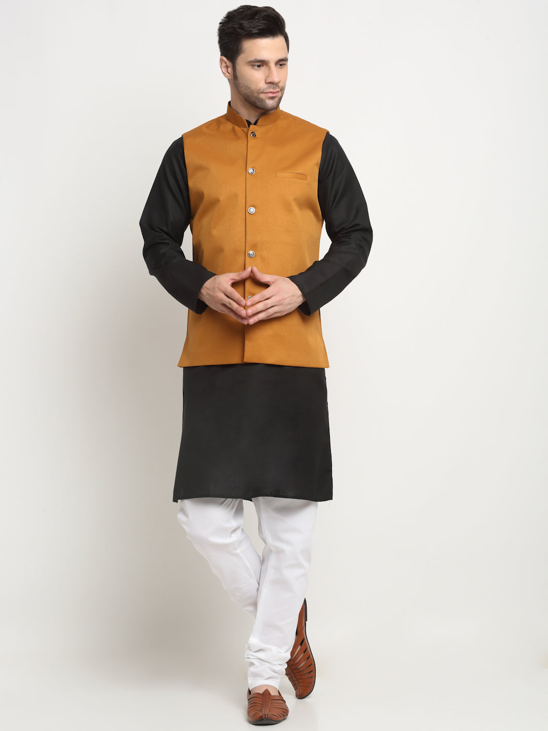 KRAFT INDIA Men's Cotton Solid Black Kurta Churidar with Twill Nehru Jacket Set