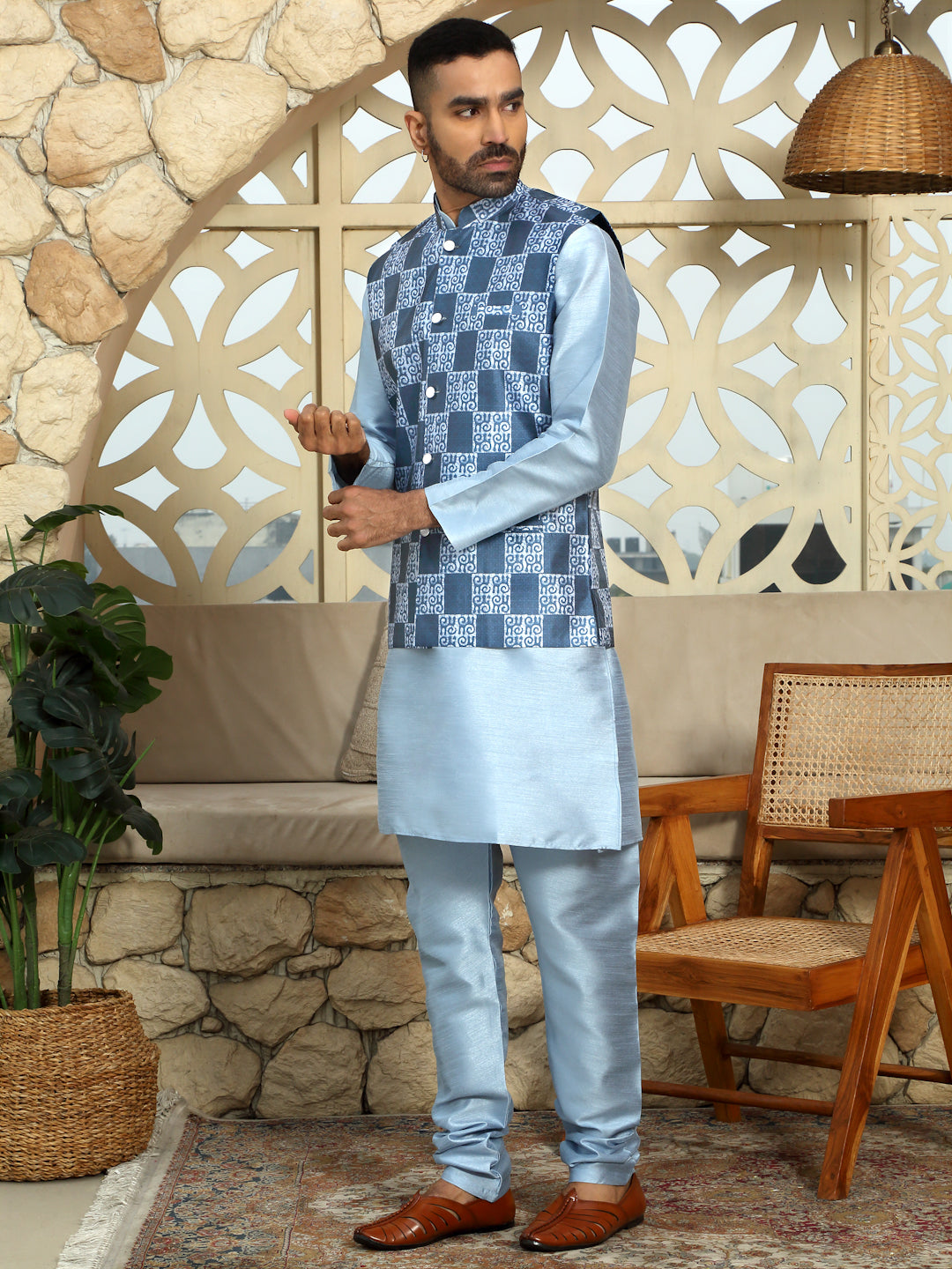 Silk Blend Solid Sky Blue Dupion Kurta Churidar With Sleeveless Bandhani Nehru Jacket set