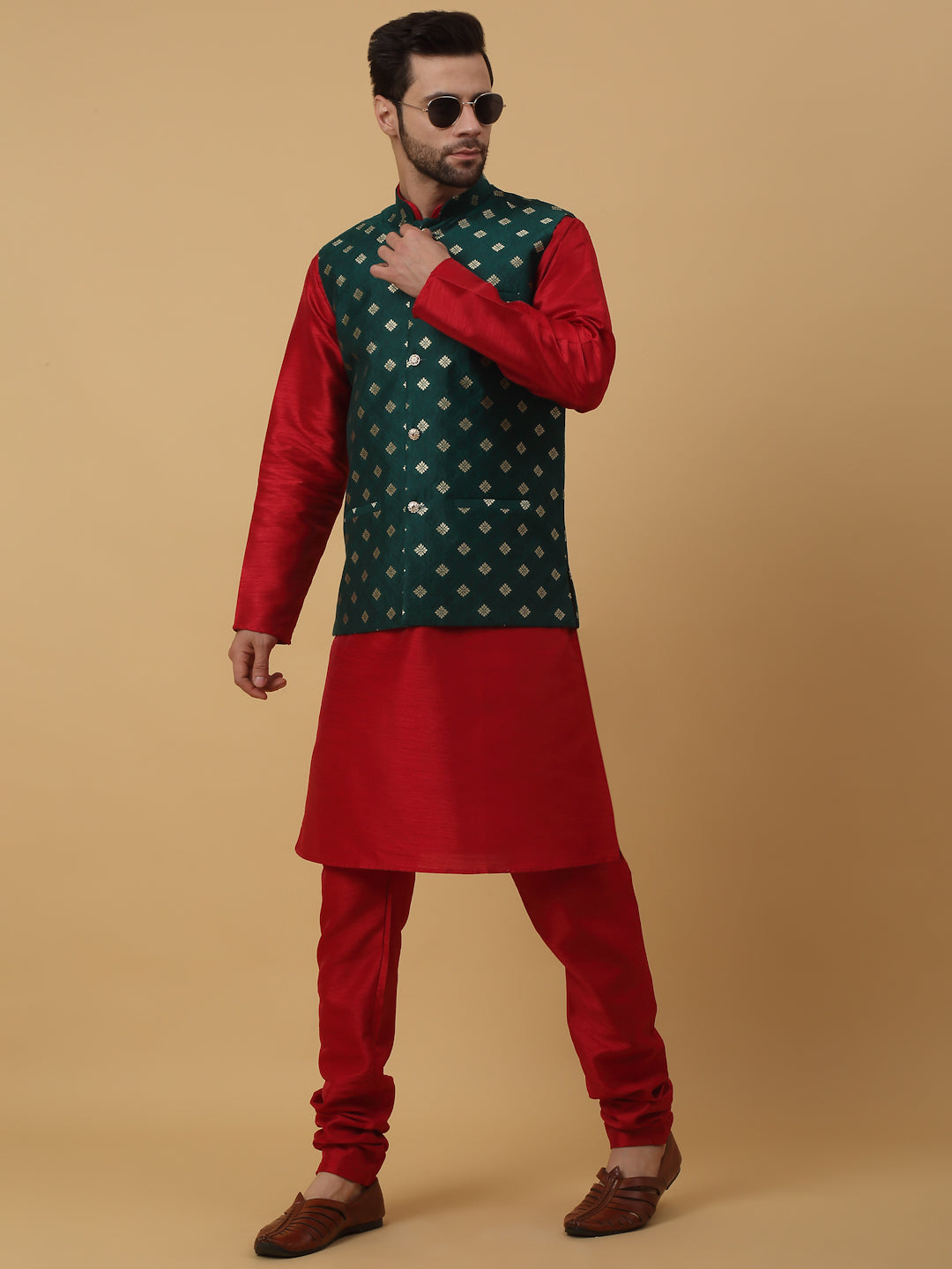 KRAFT INDIA Men's Silk Blend Maroon Kurta, Churidar with Jacquard Silk Blend Floral Print Nehru Jacket Set