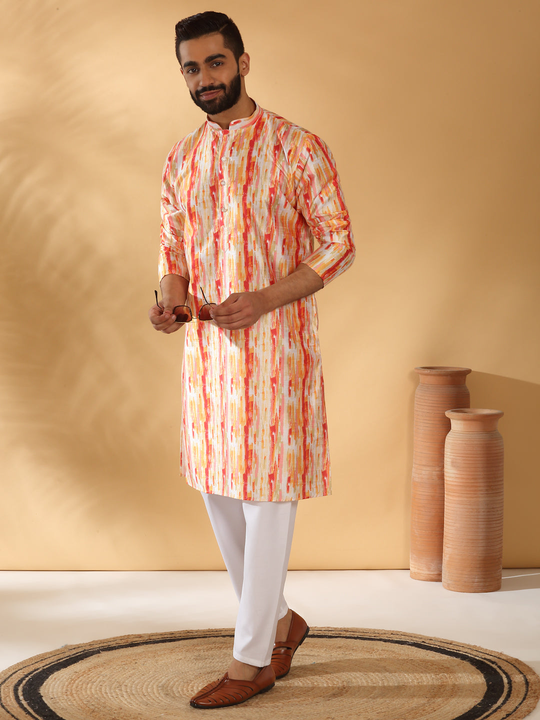 Silk Blend Tie-Dye Printed Kurta with white Elastic waistband Pyjama set