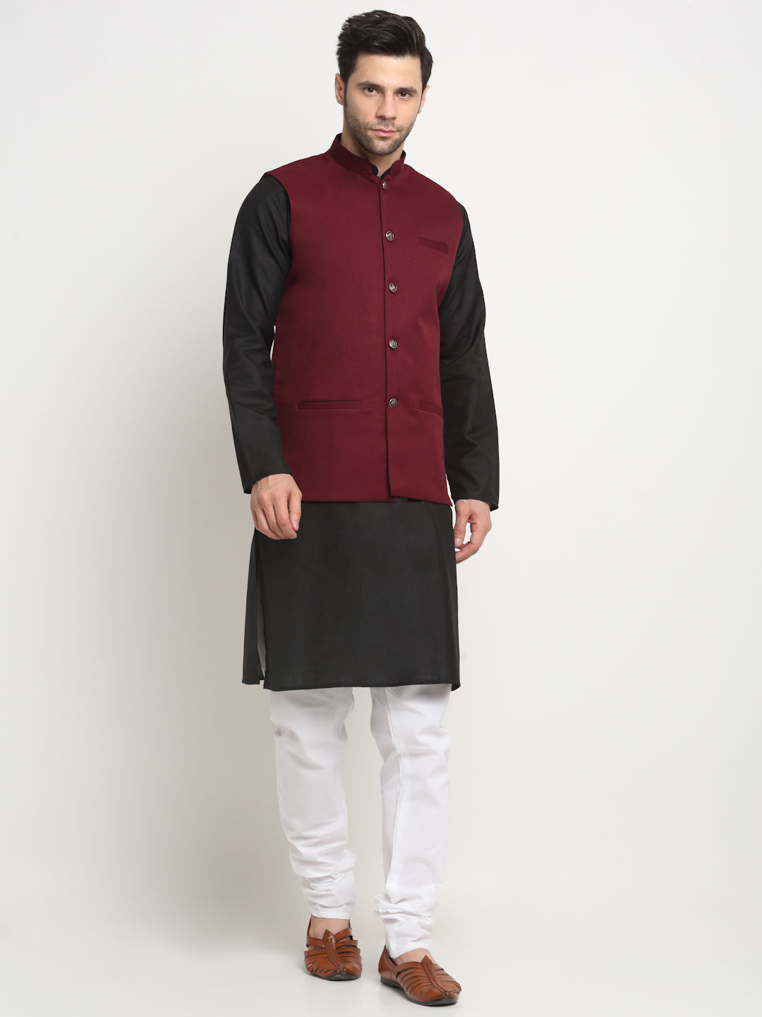 KRAFT INDIA Men's Cotton Solid Black Kurta Churidar with Twill Nehru Jacket Set