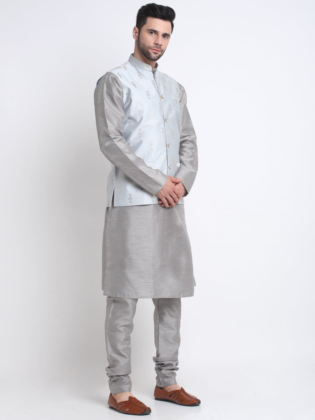 KRAFT INDIA Men Grey Silk Kurta & Churidar With Sequenced Nehru Jacket