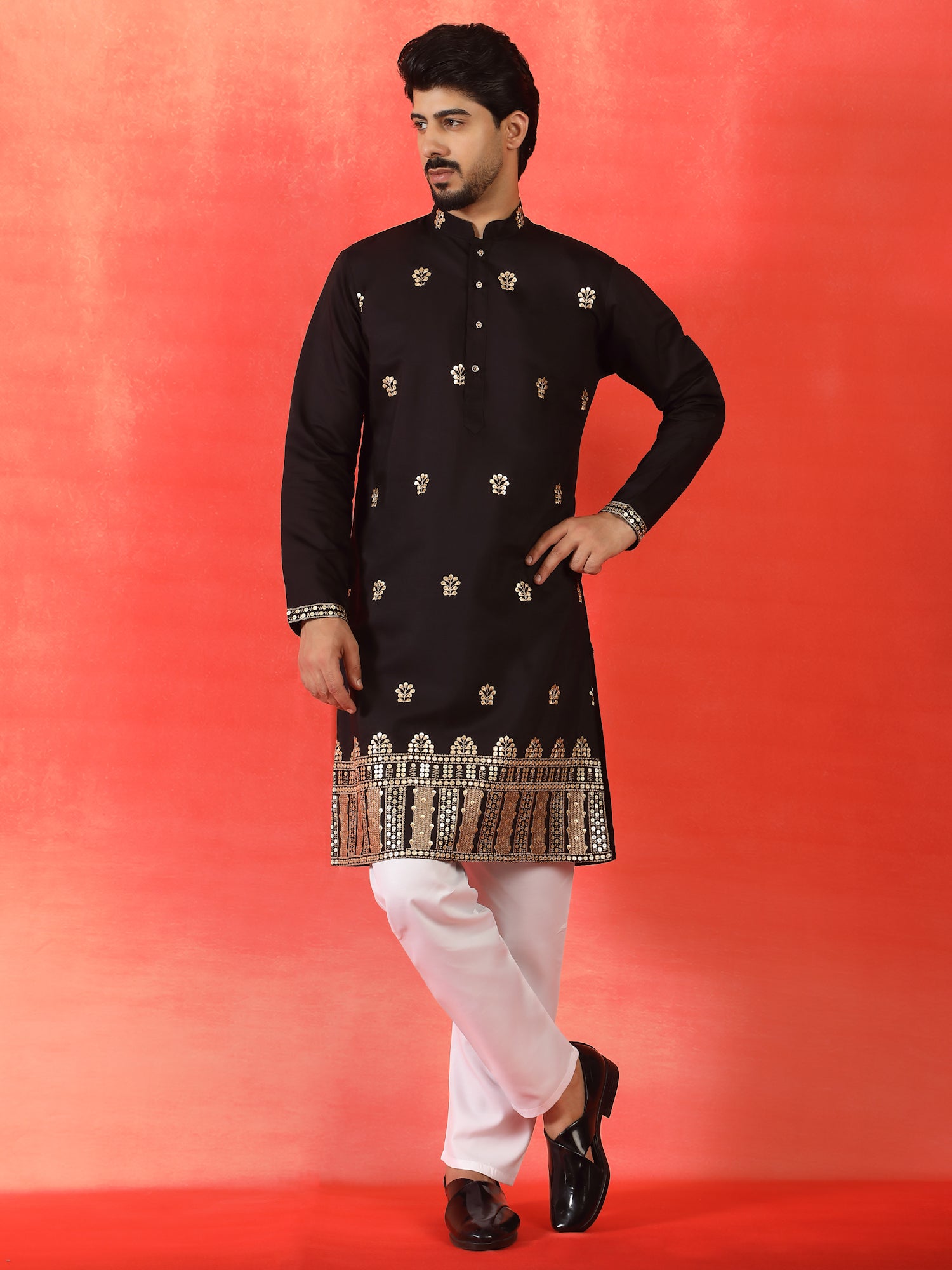 Men Embroidered Floral Designed Daman Work Cotton Silk Straight Long Kurta