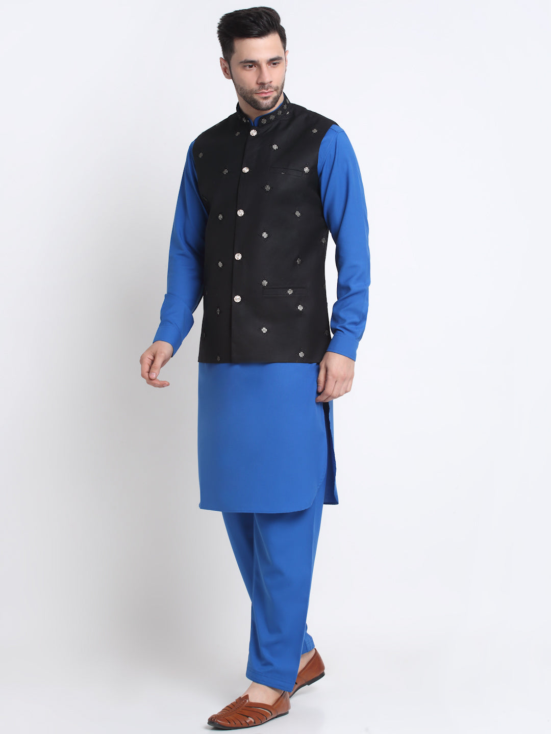 KRAFT INDIA Men Cotton Royal Blue Pathani Kurta & Salwar With Embroided Sequenced Nehru Jacket
