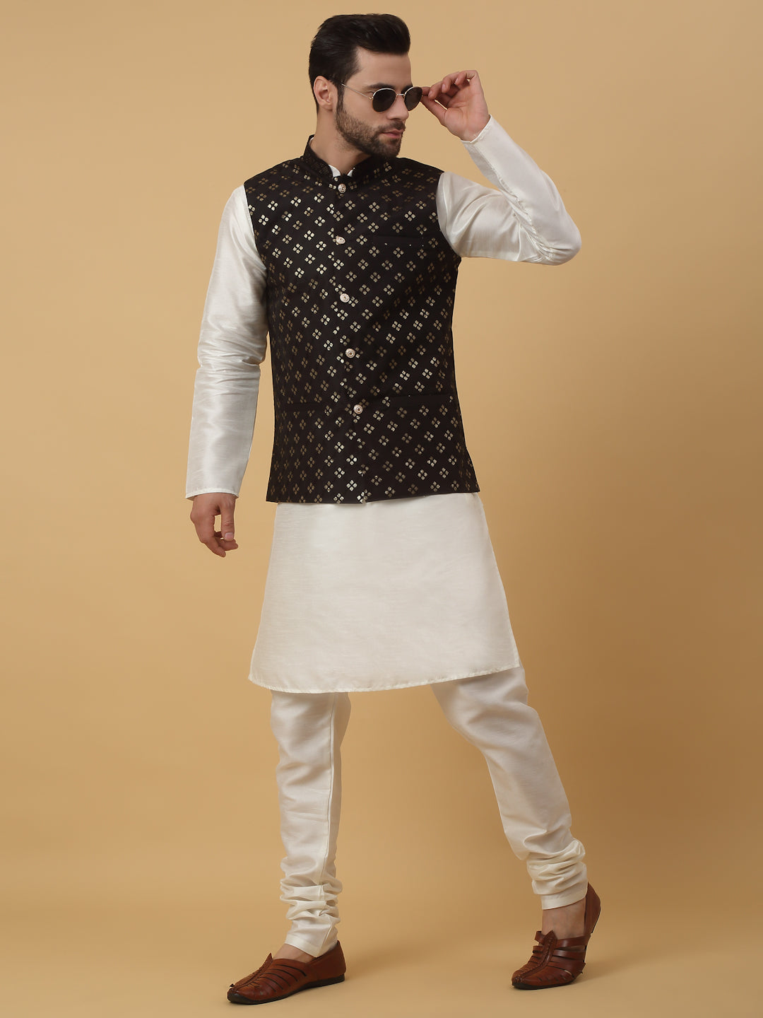 KRAFT INDIA Men's Silk Blend Cream Kurta, Churidar with Cotton Silk Embroided Sequenced Nehru Jacket Set