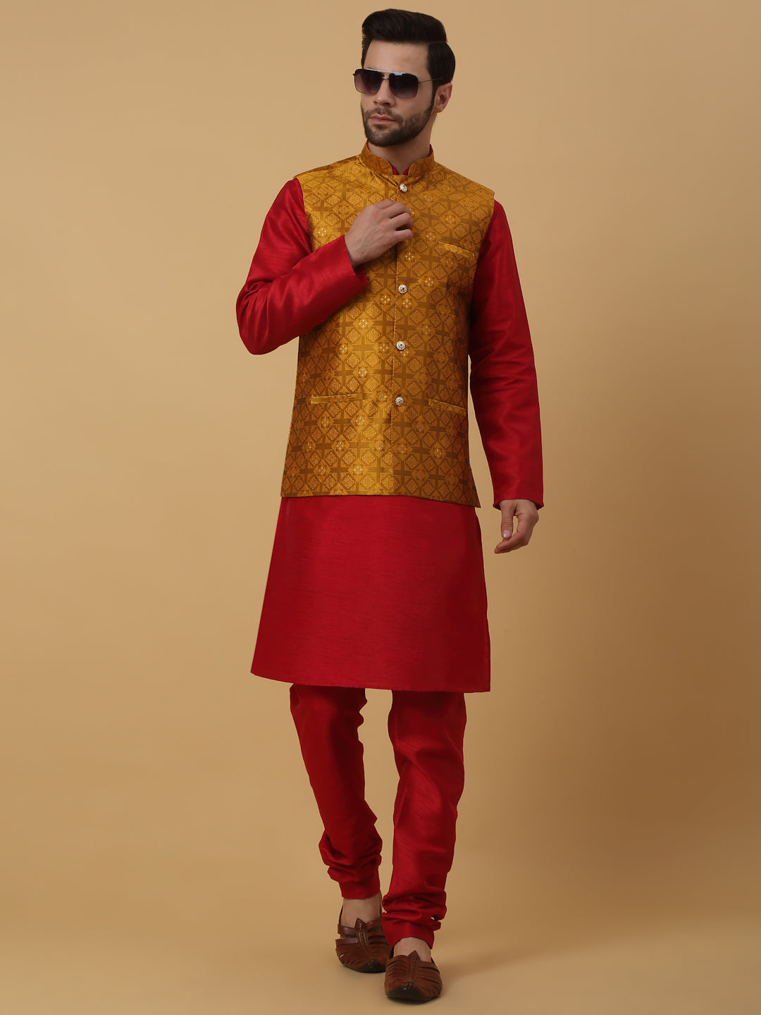 KRAFT INDIA Men's Silk Blend Mustard Kurta, Churidar with Jacquard Silk Blend Floral Nehru Jacket Set