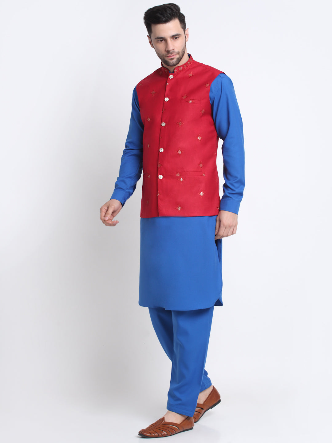 KRAFT INDIA Men Cotton Royal Blue Pathani Kurta & Salwar With Embroided Sequenced Nehru Jacket