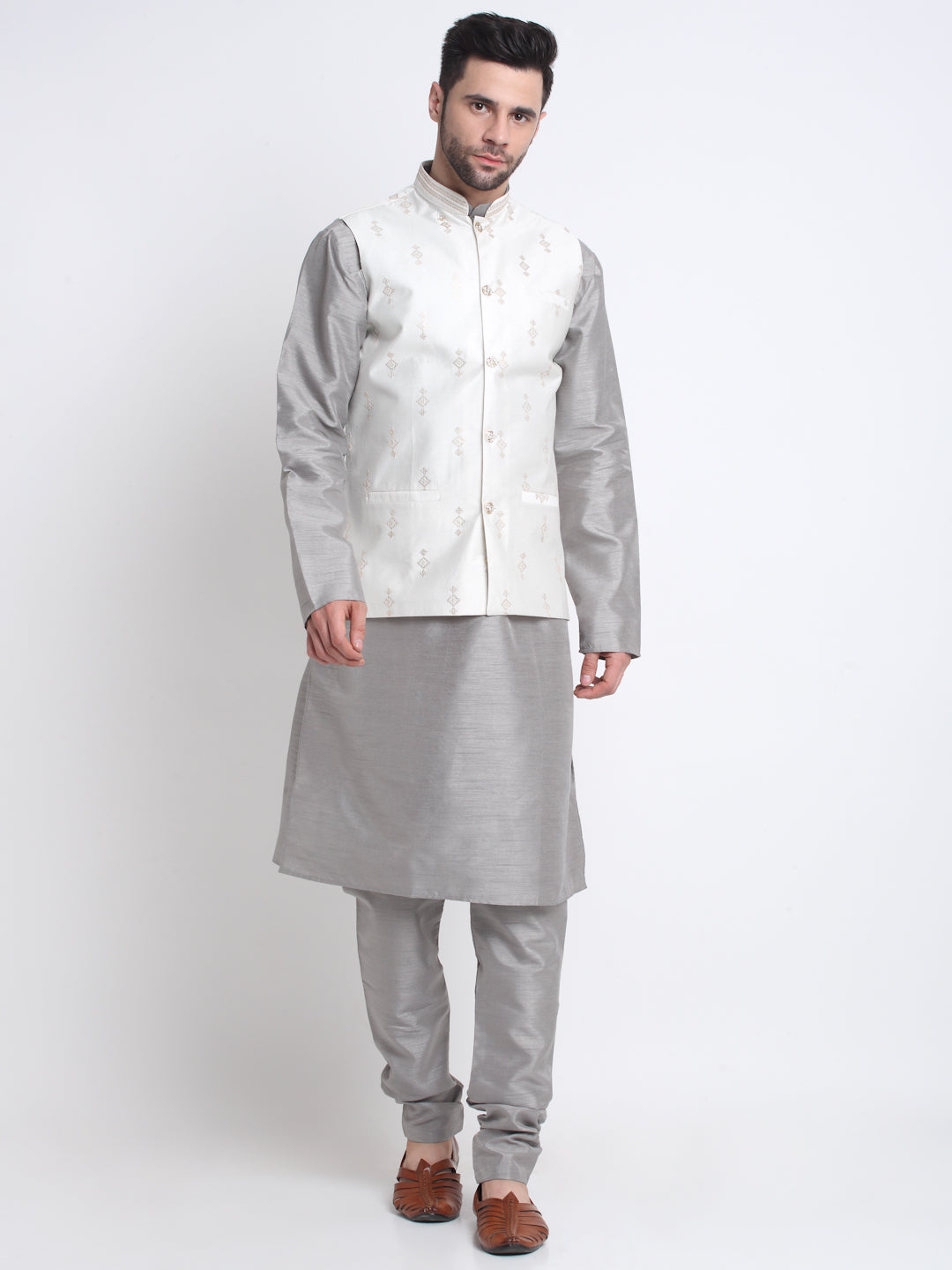 KRAFT INDIA Men Grey Silk Kurta & Churidar With Sequenced Nehru Jacket