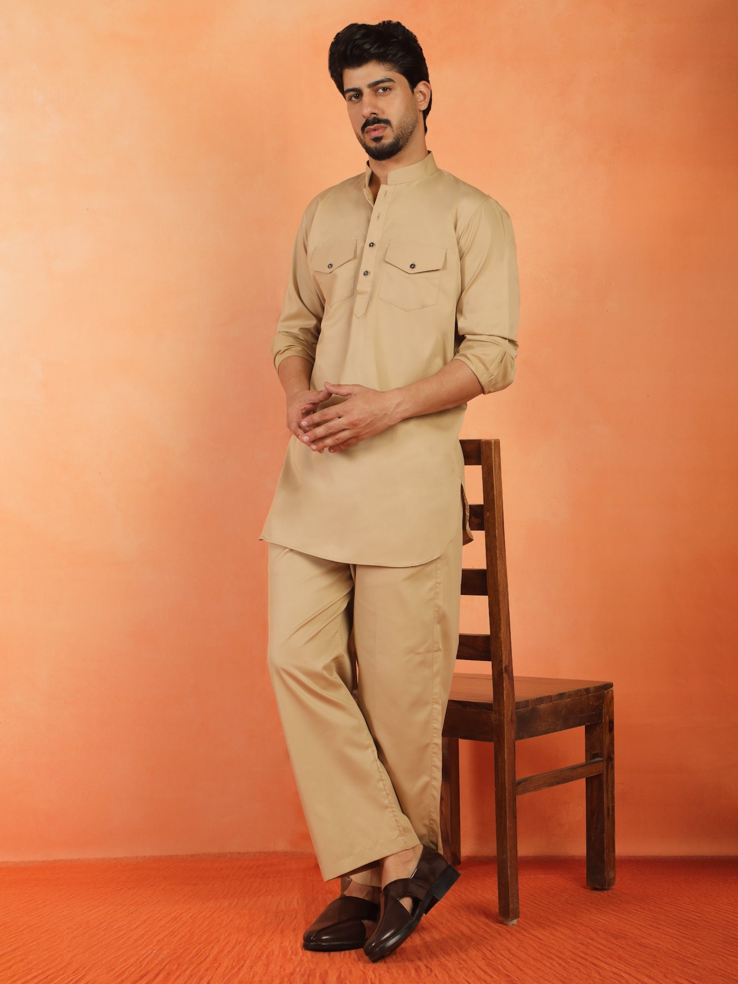 Mens White Regular Fit Pathani Kurta With Loose Fit Pyjama