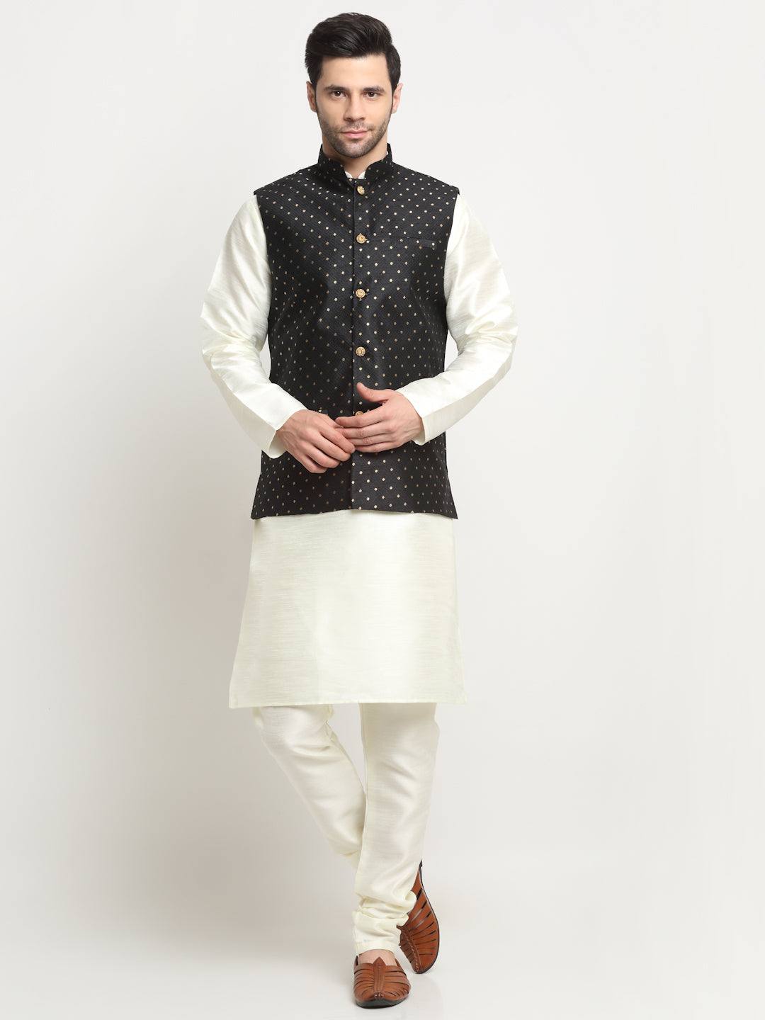KRAFT INDIA Men's Silk Cream Kurta Churidar With Polka Dotted Nehru Jacket Set