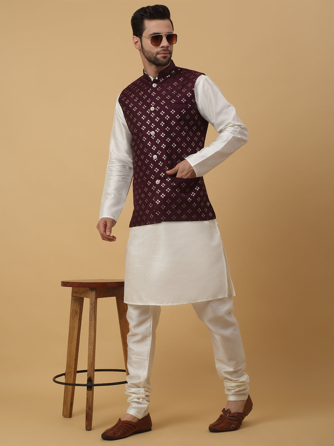 KRAFT INDIA Men's Silk Blend Cream Kurta, Churidar with Cotton Silk Embroided Sequenced Nehru Jacket Set