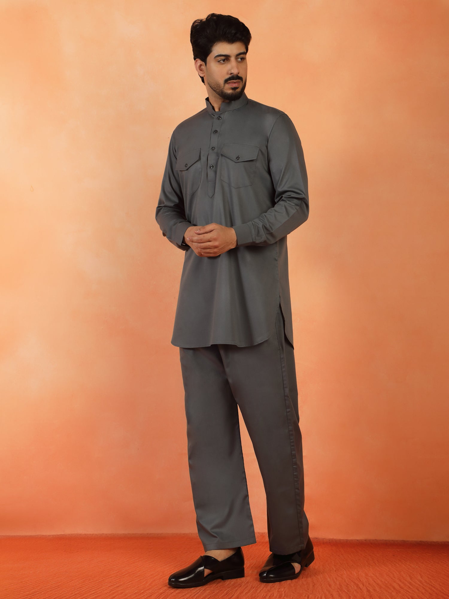 Mens White Regular Fit Pathani Kurta With Loose Fit Pyjama