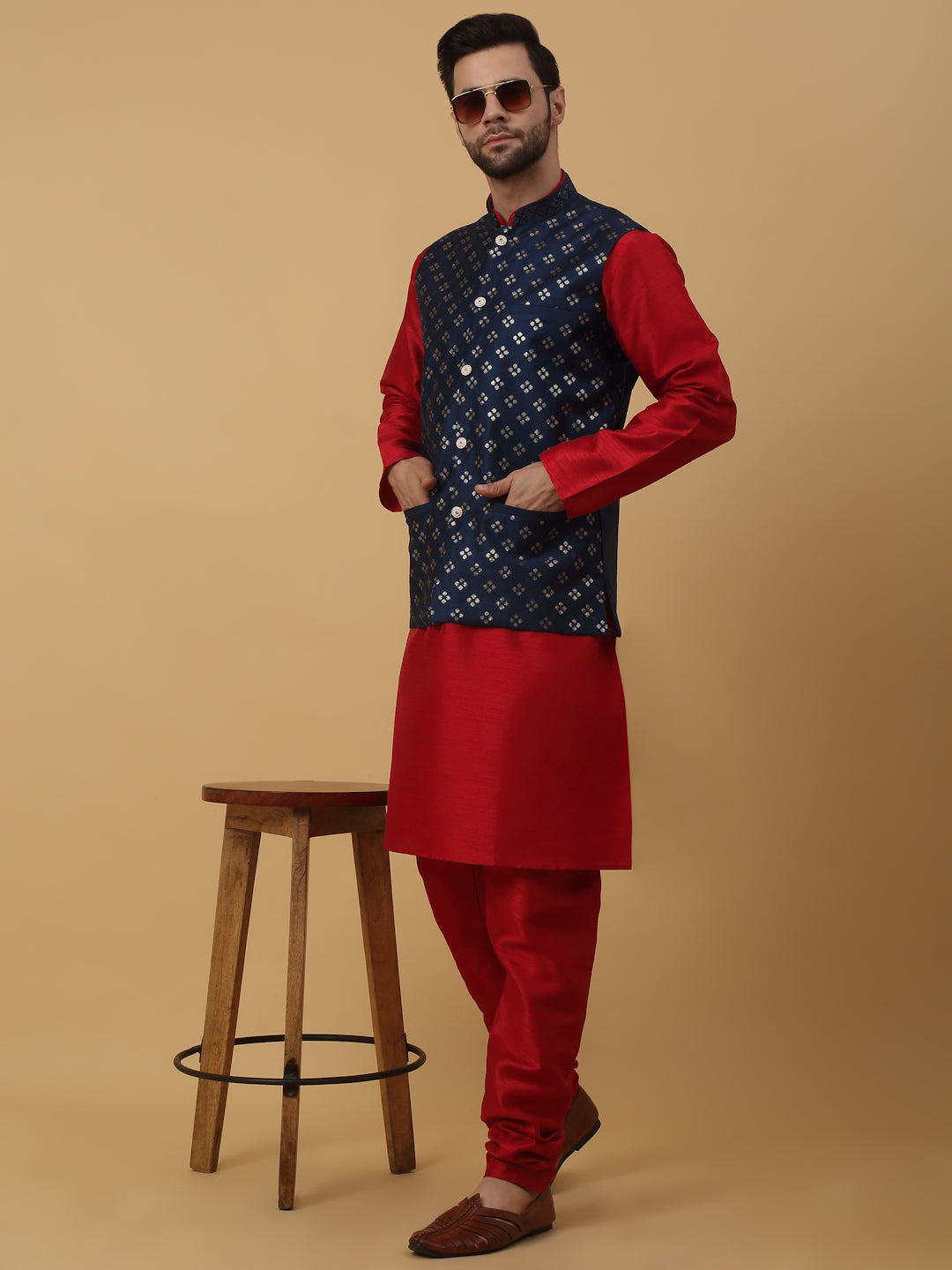 KRAFT INDIA Men's Silk Blend Maroon Kurta, Churidar with Cotton Silk Embroided Sequenced Nehru Jacket Set