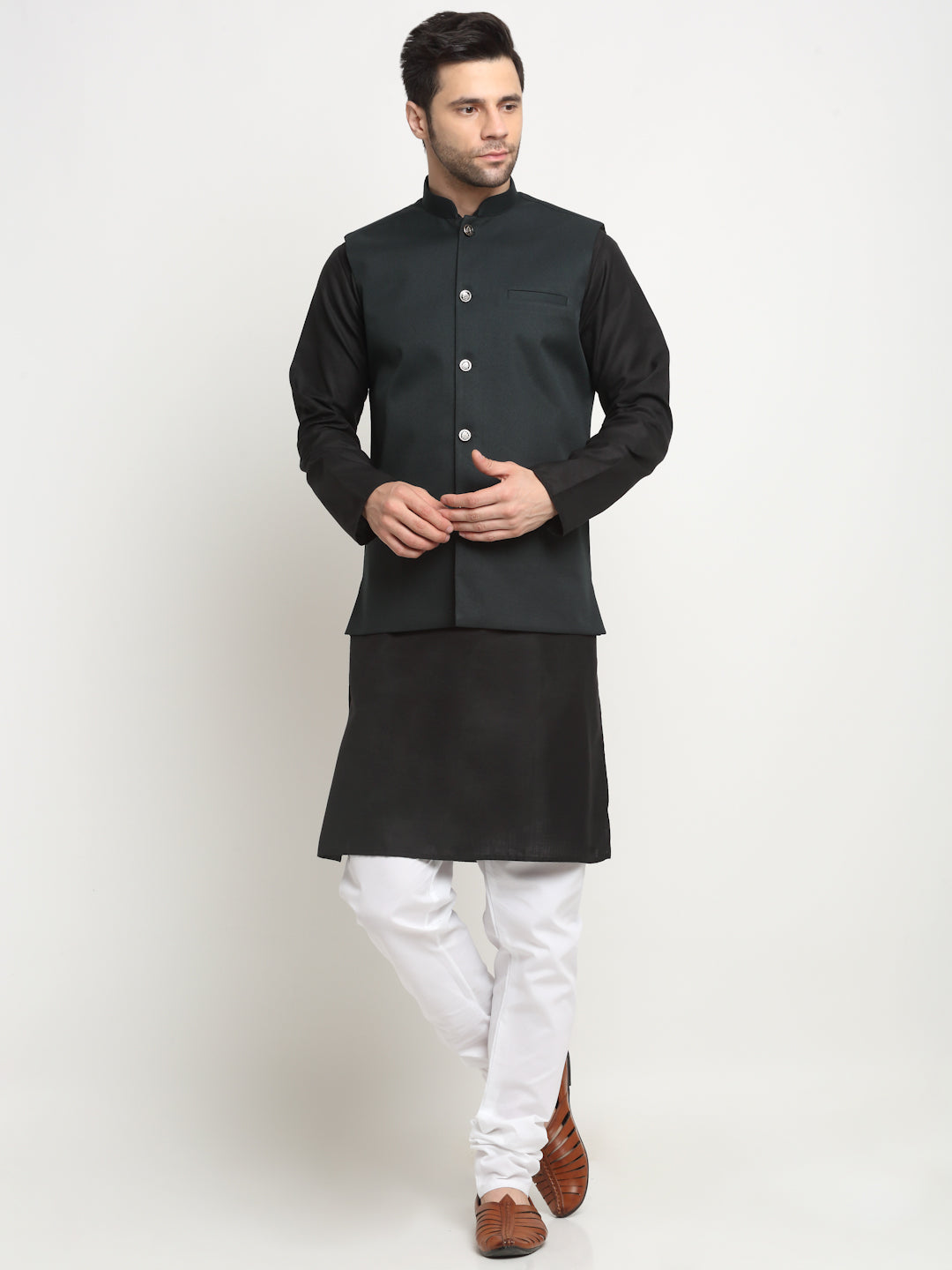 KRAFT INDIA Men's Cotton Solid Black Kurta Churidar with Twill Nehru Jacket Set
