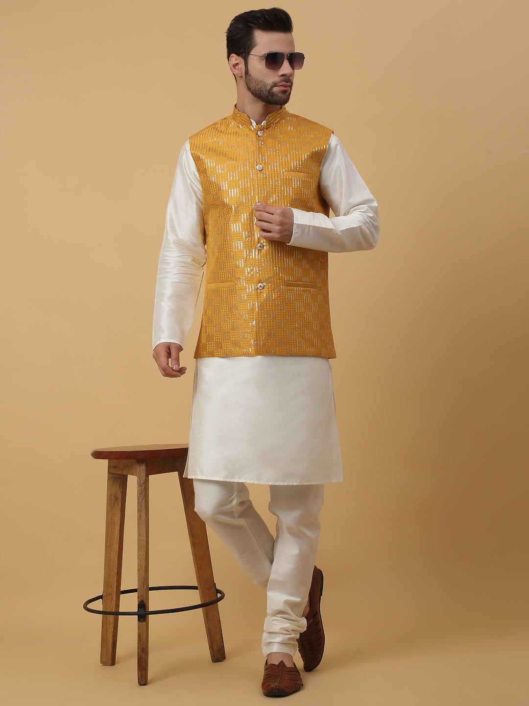 KRAFT INDIA Men's Silk Blend Cream Kurta, Churidar with Cotton Silk Sequenced Embroided Nehru Jacket Set