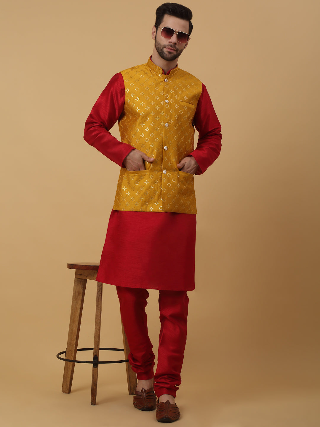 KRAFT INDIA Men's Silk Blend Maroon Kurta, Churidar with Cotton Silk Embroided Sequenced Nehru Jacket Set