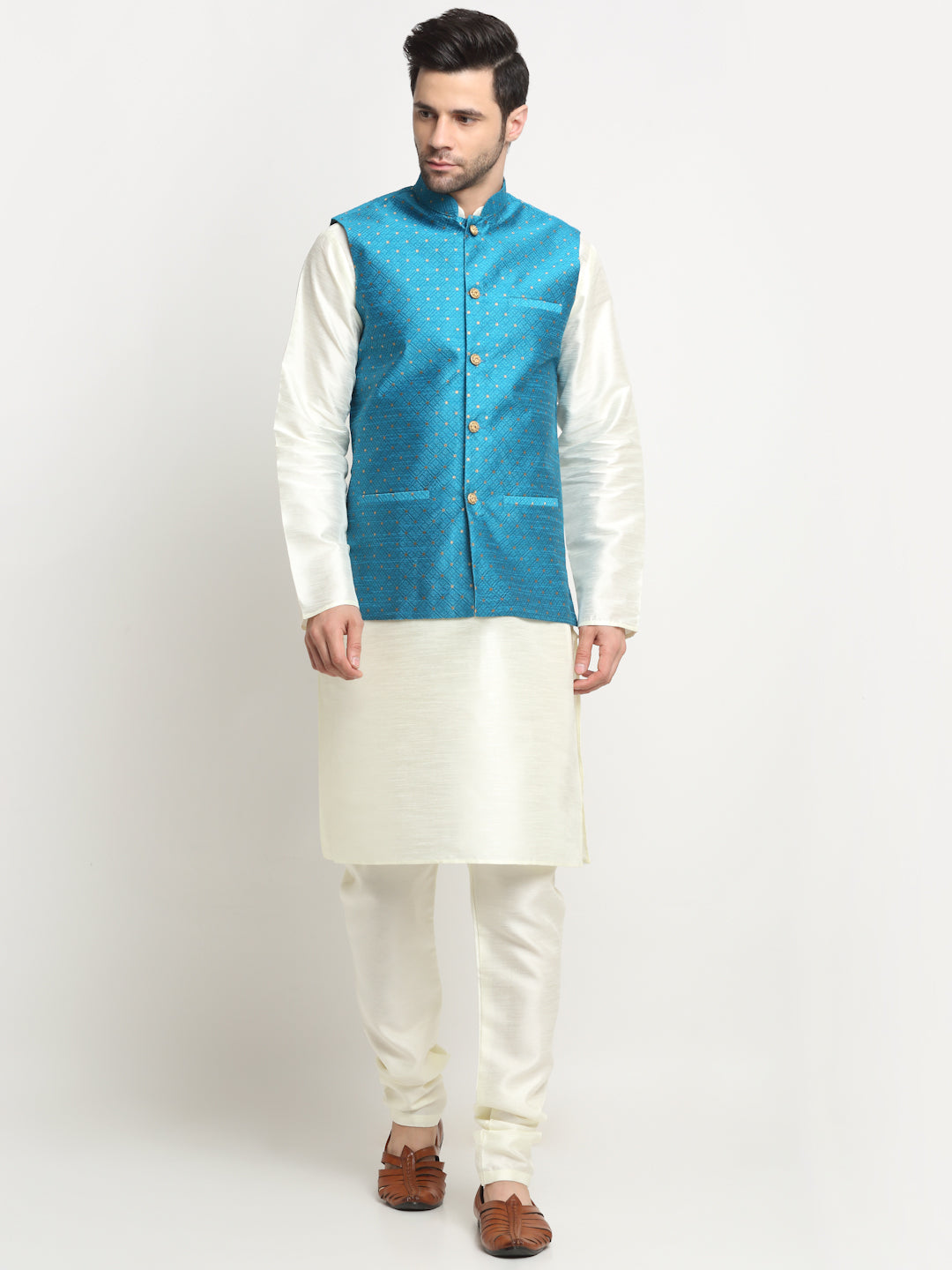 KRAFT INDIA Men's Silk Cream Kurta Churidar With Polka Dotted Nehru Jacket Set