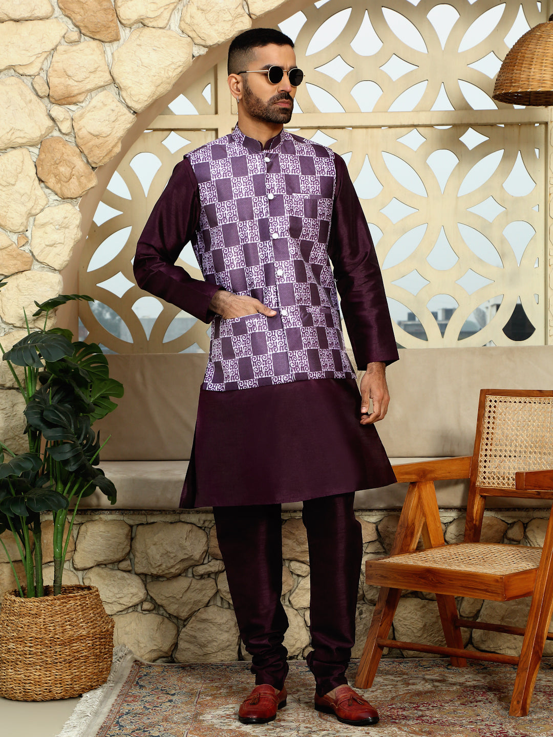 Silk Blend Solid Purple Dupion Kurta Churidar With Sleeveless Bandhani Nehru Jacket set