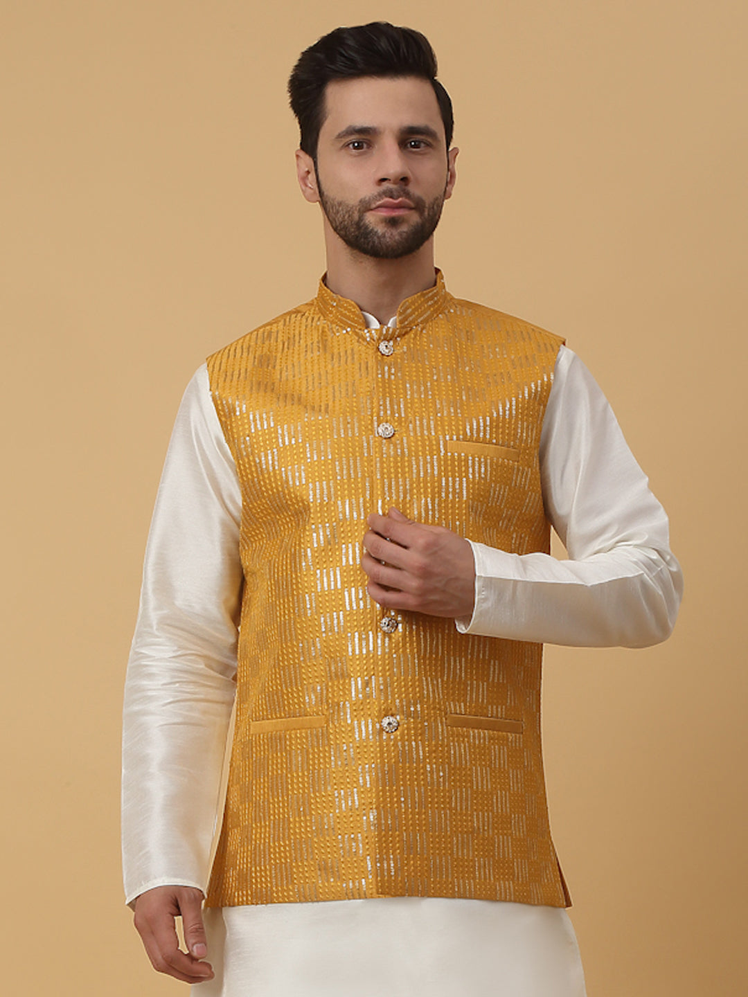 KRAFT INDIA Men's Cotton Silk Sequenced Sleeveless Embroided Nehru Jacket
