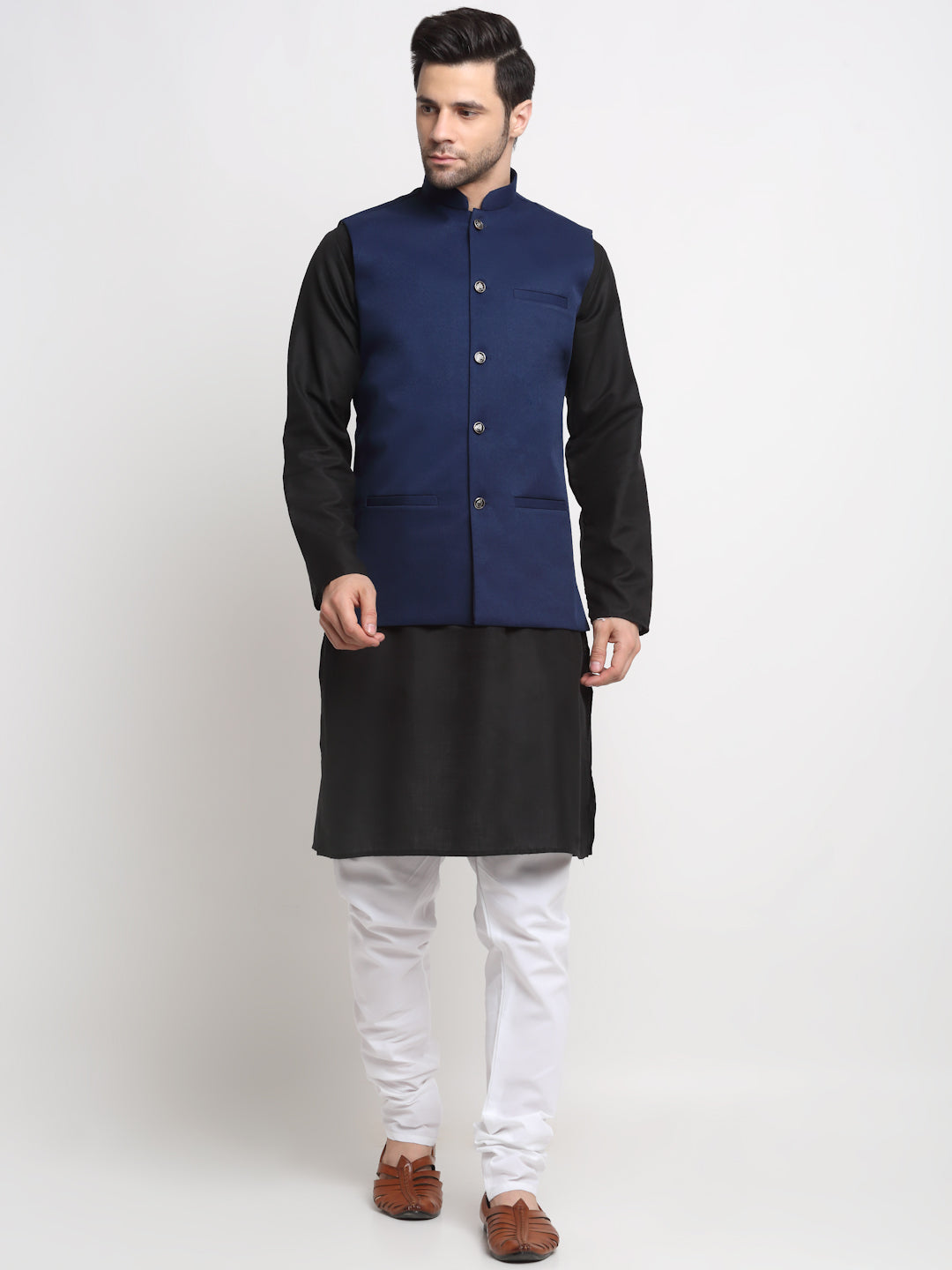KRAFT INDIA Men's Cotton Solid Black Kurta Churidar with Twill Nehru Jacket Set