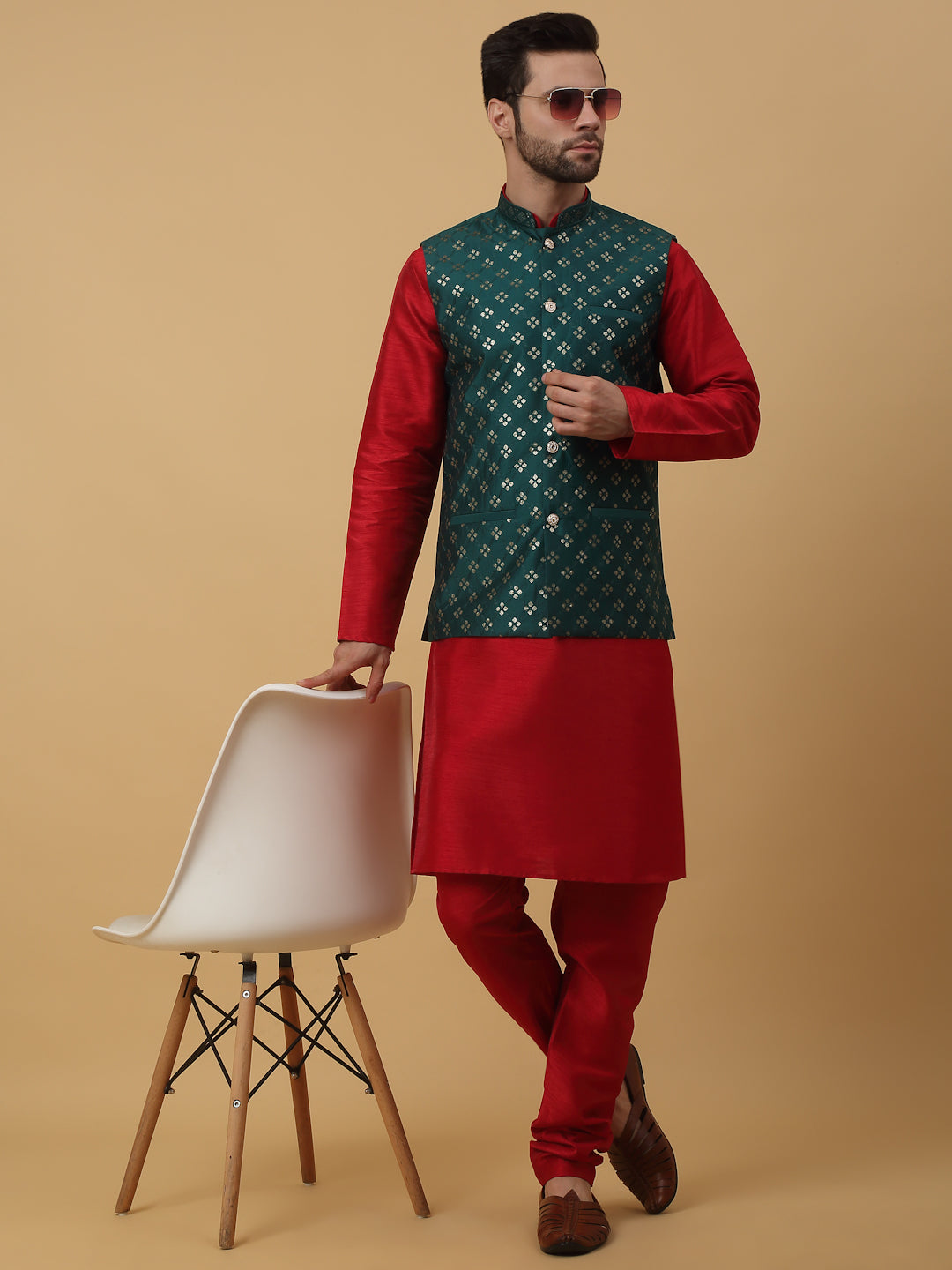 KRAFT INDIA Men's Silk Blend Maroon Kurta, Churidar with Cotton Silk Embroided Sequenced Nehru Jacket Set