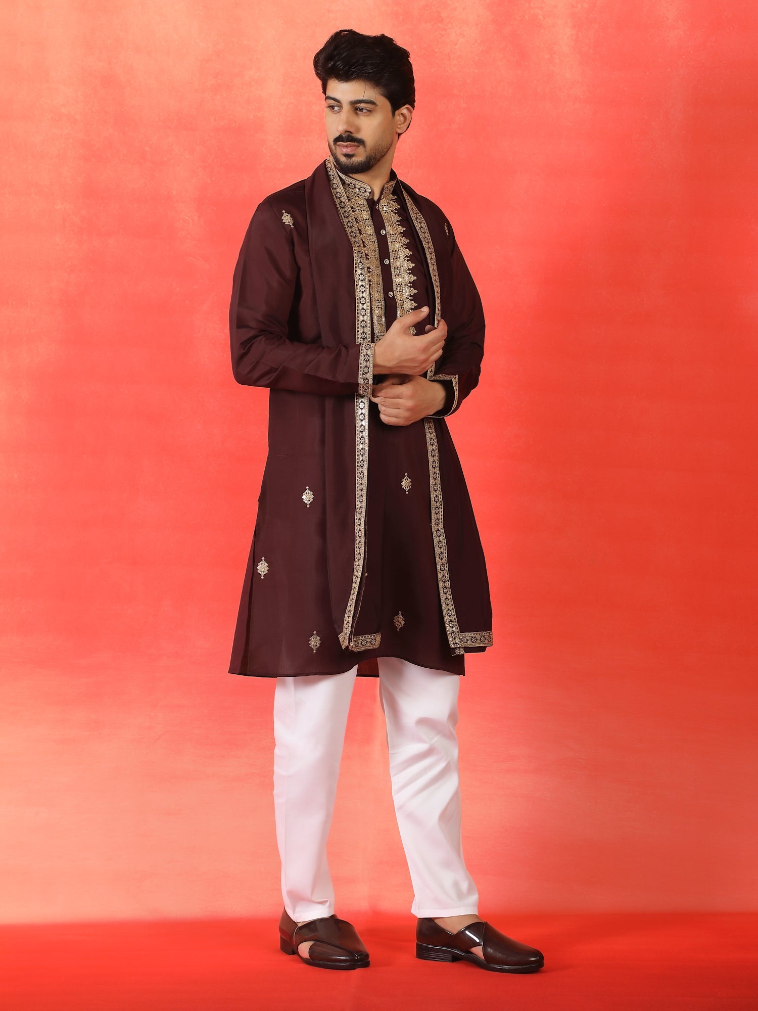 Men's Sequenced Embroidered Designed Cotton Silk Straight Long Kurta