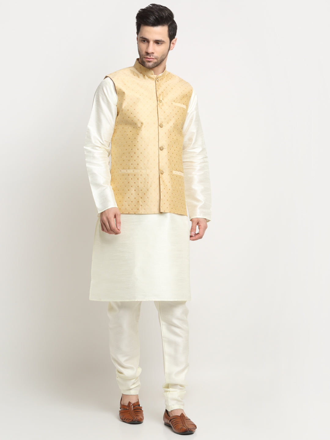 KRAFT INDIA Men's Silk Cream Kurta Churidar With Polka Dotted Nehru Jacket Set