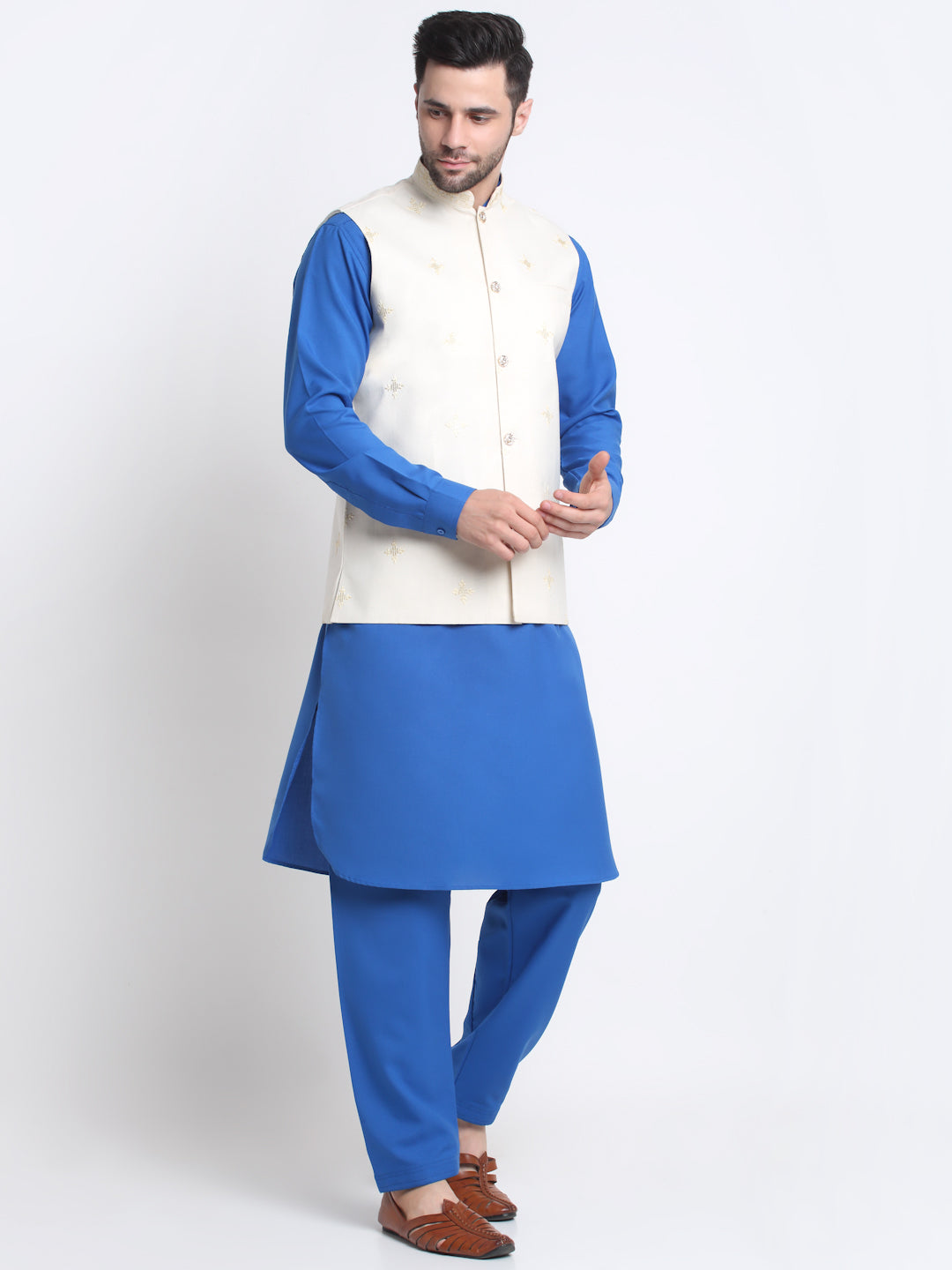 KRAFT INDIA Men Cotton Royal Blue Pathani Kurta & Salwar With Embroided Sequenced Nehru Jacket