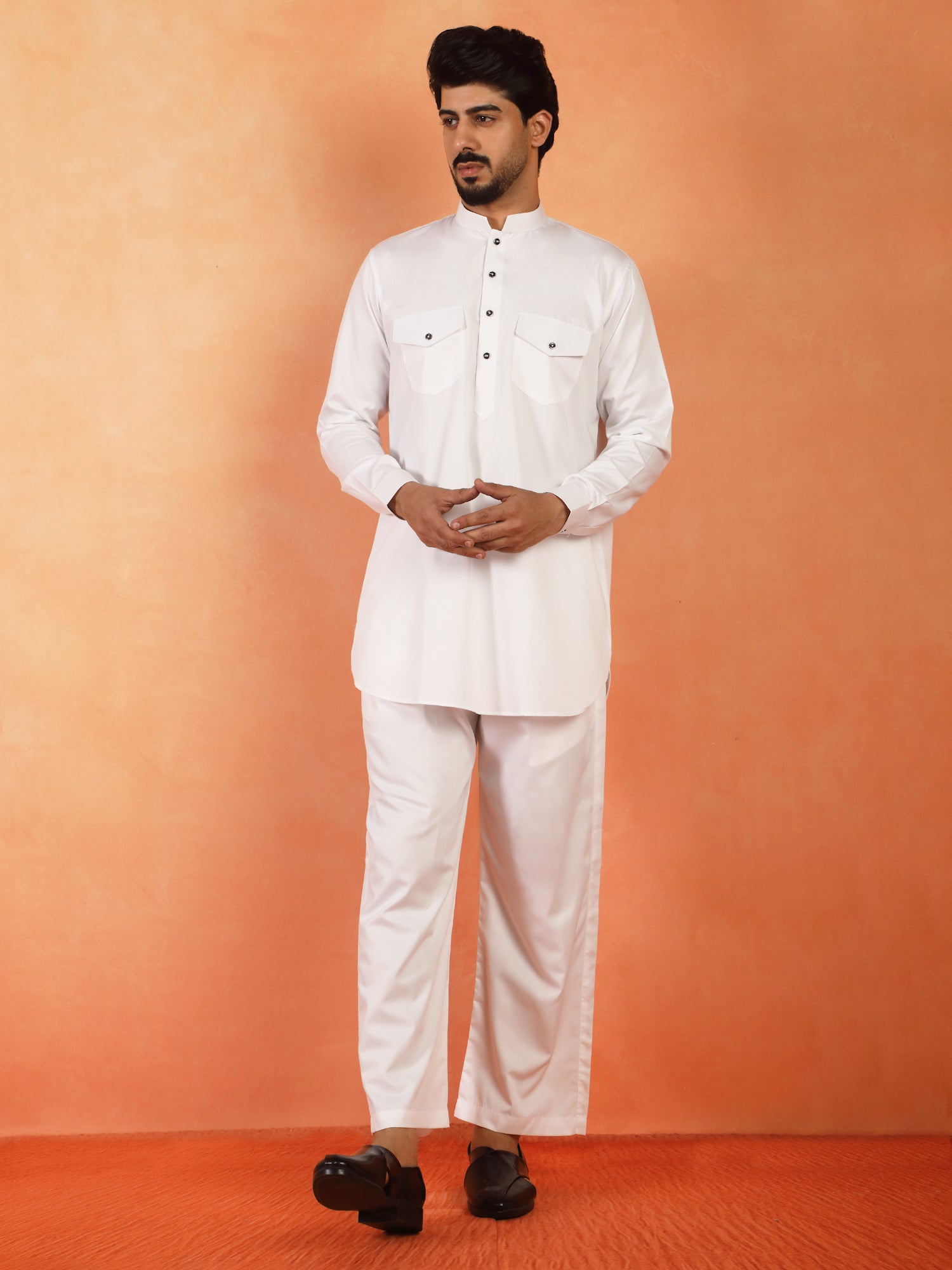 Mens White Regular Fit Pathani Kurta With Loose Fit Pyjama