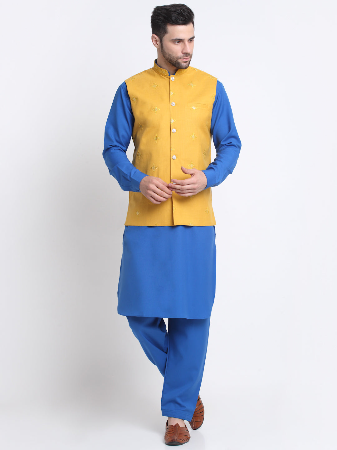 KRAFT INDIA Men Cotton Royal Blue Pathani Kurta & Salwar With Embroided Sequenced Nehru Jacket