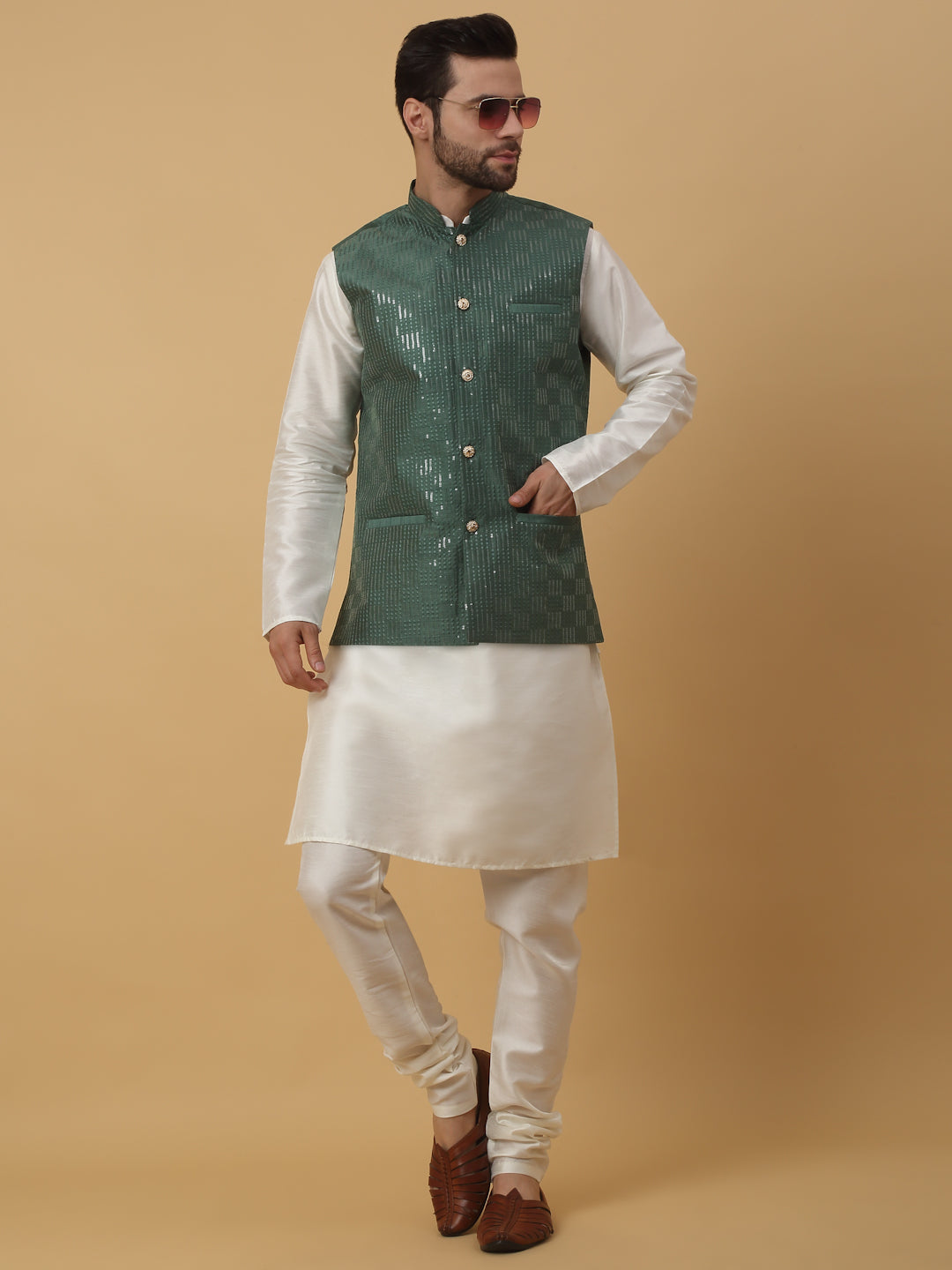 KRAFT INDIA Men's Silk Blend Cream Kurta, Churidar with Cotton Silk Sequenced Embroided Nehru Jacket Set