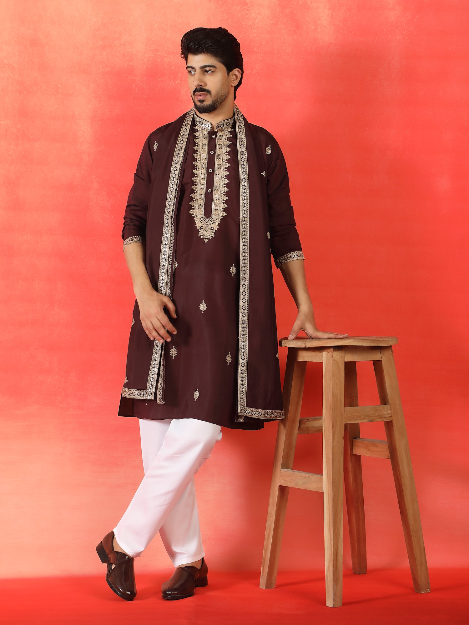 Men's Sequenced Embroidered Cotton Silk Straight Kurta Pyjama With Dupatta Set