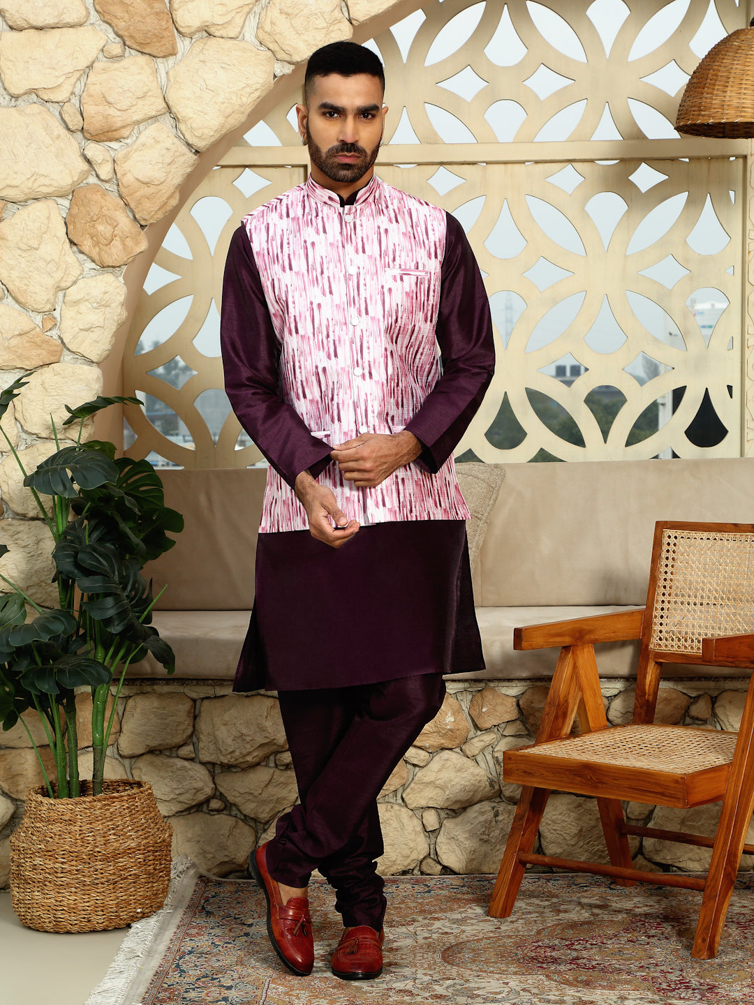 Silk Blend Solid Purple Kurta Churidar With Sleeveless tie-dye Nehru Jacket set
