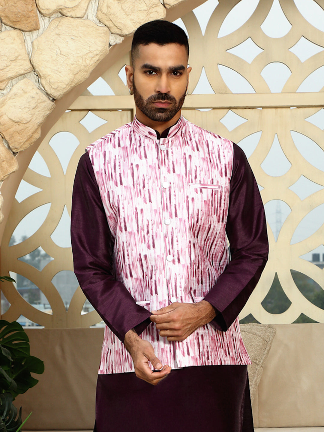 Silk Blend Printed Tie-Dye Sleeveless Nehru Jacket