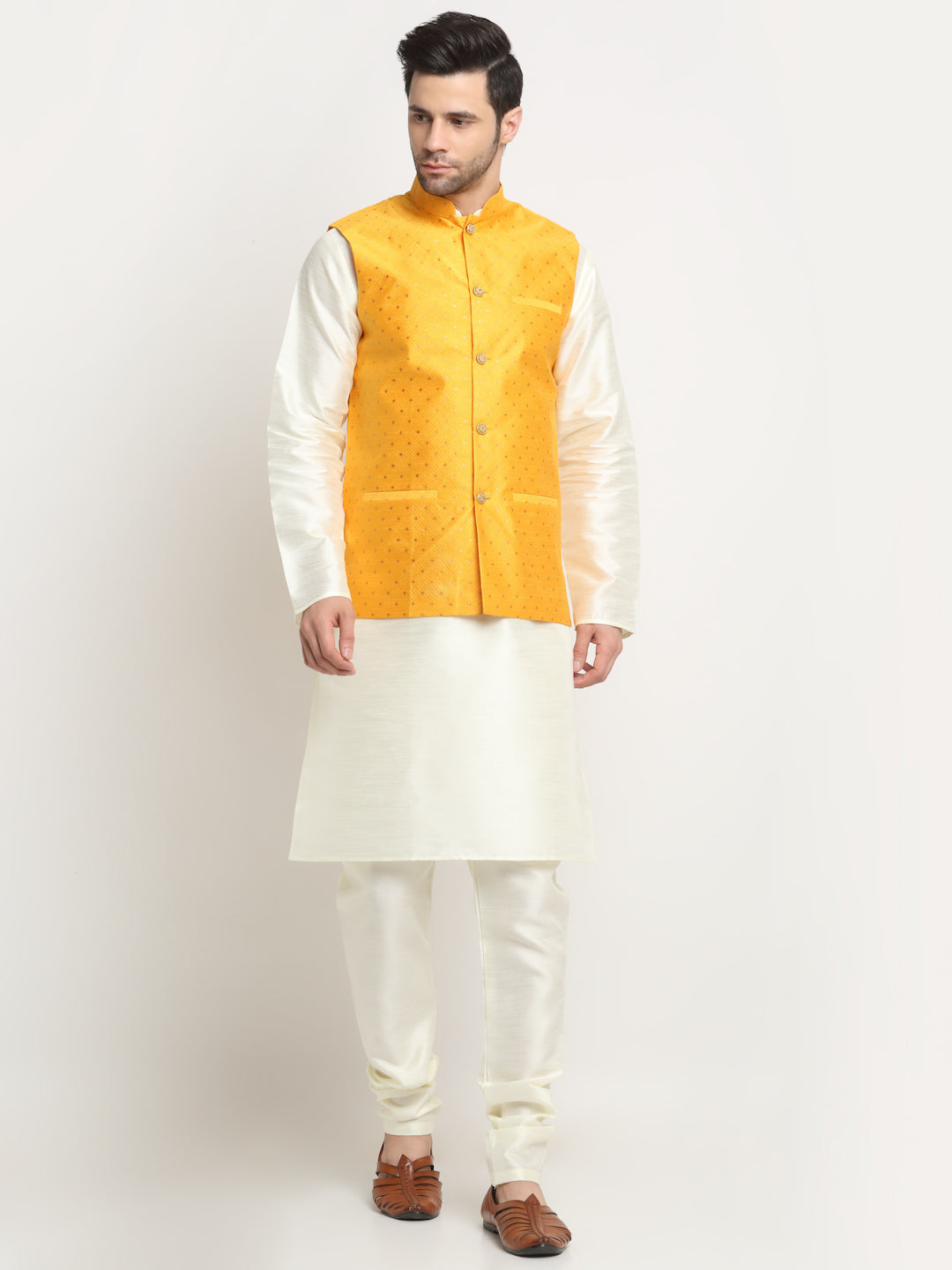 KRAFT INDIA Men's Silk Cream Kurta Churidar With Polka Dotted Nehru Jacket Set