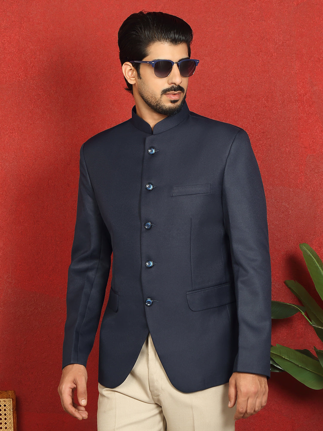 Men’s Solid Twill Bandhgala Coat with Mandarin Collar & Double Vent