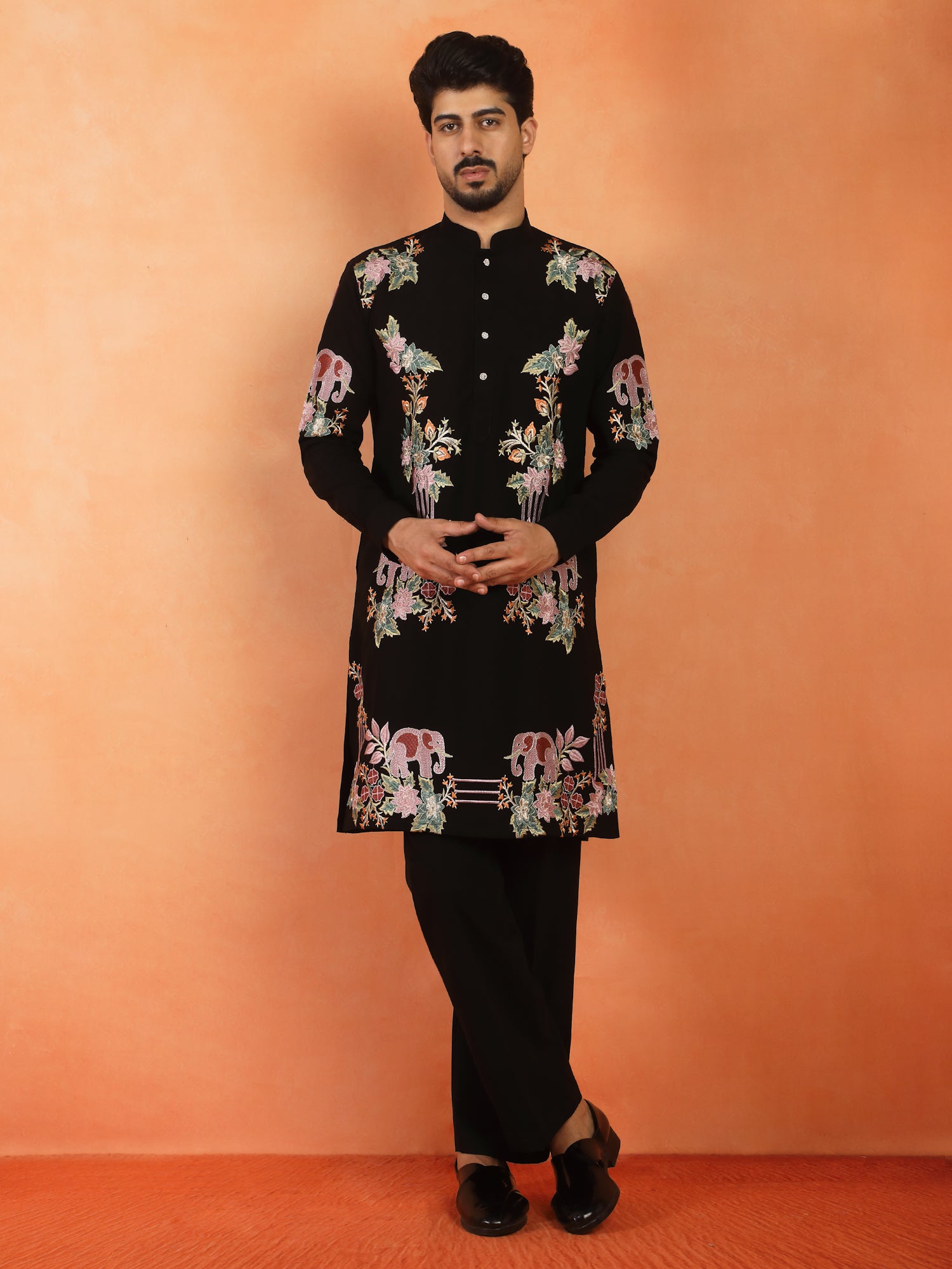Men's Japanese Fabric Floral Embroidered Design Mandarin Collar Kurta with Trouser Set